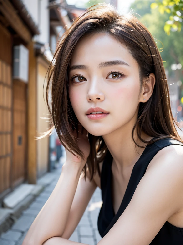 With the alleys of Kyoto in the background、50 years old、independent、Look forward、Light eye makeup、Brown Hair Color、flat 、Hair blowing in the wind、Quality of actress、Shiny, Ultra-realistic faces、smileの表情、Watery eyes、look up、Soothing lighting effects、 Ultra-Realistic Capture、Very detailed、High resolution 16K human skin closeup。Skin texture must be natural、Must be so detailed that pores are visible、skin is healthy、Must be of uniform tone、Use natural light and colour、High quality photos taken by modeling agencies'Exclusive photographer、smile