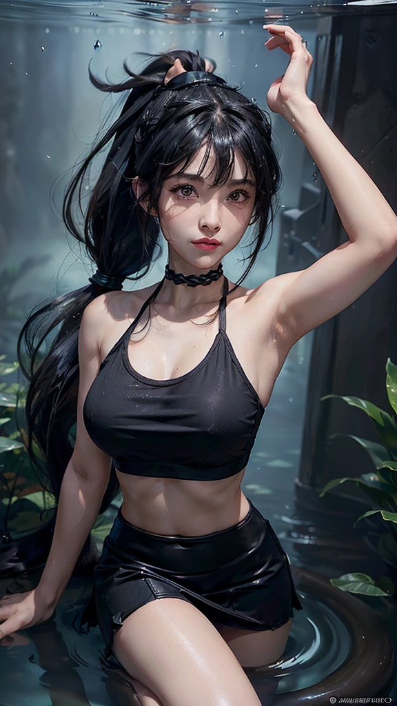 ((masterpiece, highest quality, High resolution, Hmm, Pixel perfect, Depth of written boundary, 4k, RTX, HDR))), 1 Girl, size xxl, chubby, single, alone, Beautiful Anime Girls, Beautiful art style, ((Long Hair, bangs, Black Hair, ponytail:1.5)), (Brown eyes:1.4, Round eyes, Beautiful eyelashes, Realistic eyes, arms up, clean armpits), (Detailed face, ), (Smooth texture:0.75, Realistic texture:0.65, Realistic:1.1, Anime CG Style), Medium breast, (Perfect body ,(Transparent Black Tube Top), mini skirt, smile, Filmed in a tunnel, Submerged in water