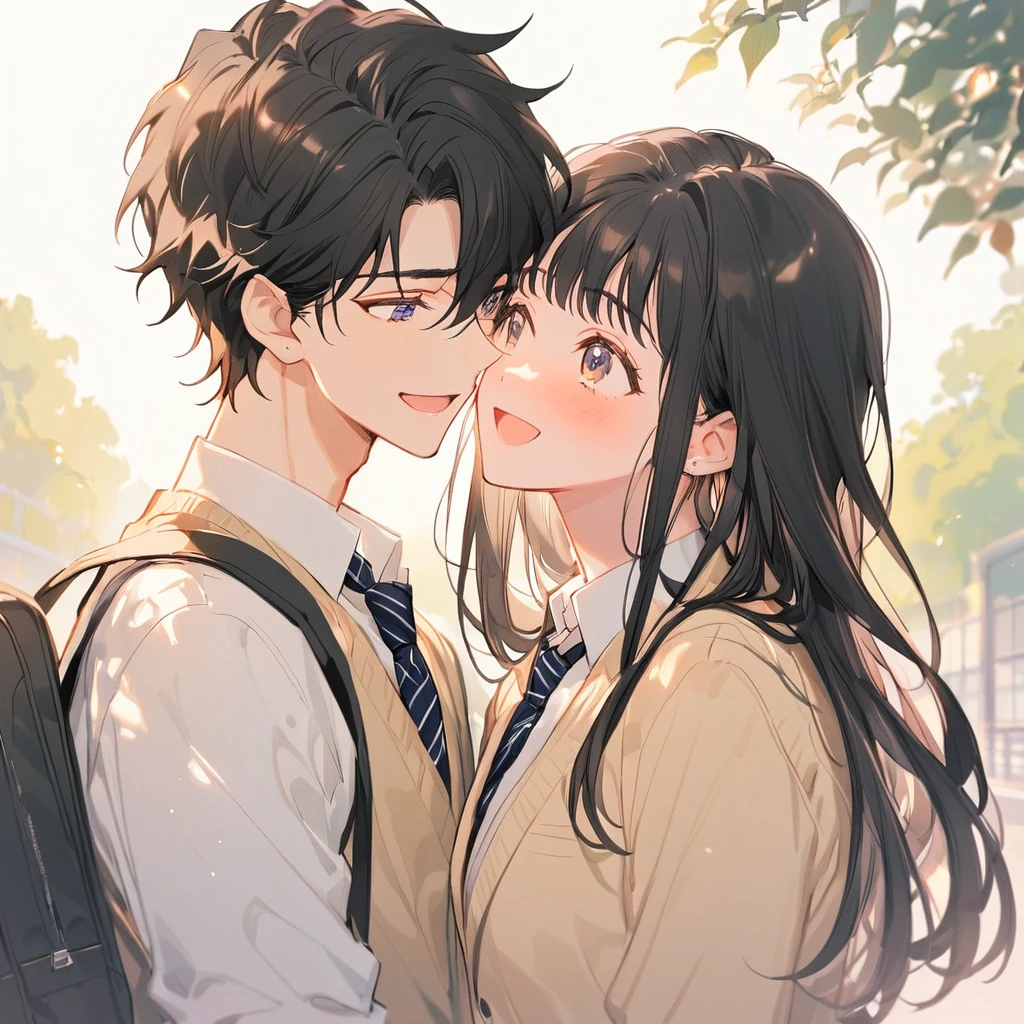 (Male and female couple), Black Hair, ((high school student, school uniform)), Look at each other, Laugh