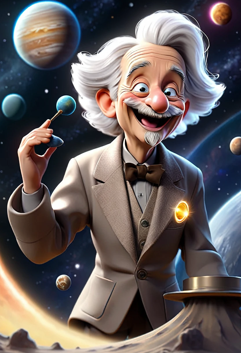 Scientist Albert Einstein smiling as a magician in interplanetary space