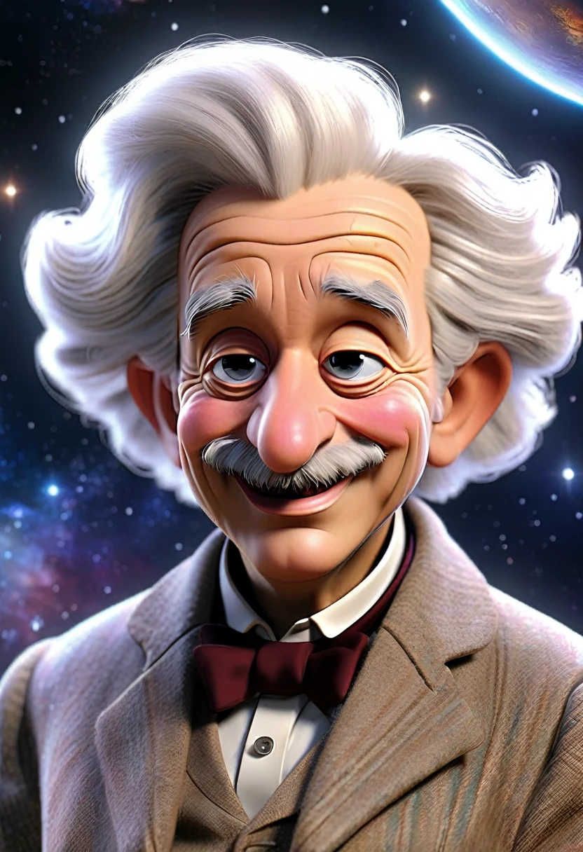 Scientist Albert Einstein smiling as a magician in interplanetary space