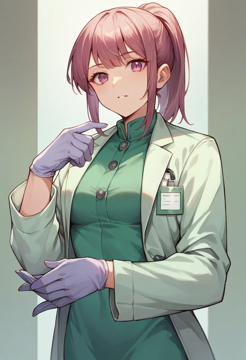 1girl, bangs, ponytail, ((purple surgical gloves)), ((((long sleeves)))), looking at viewer, ((green doctor outfit)), standing, solo