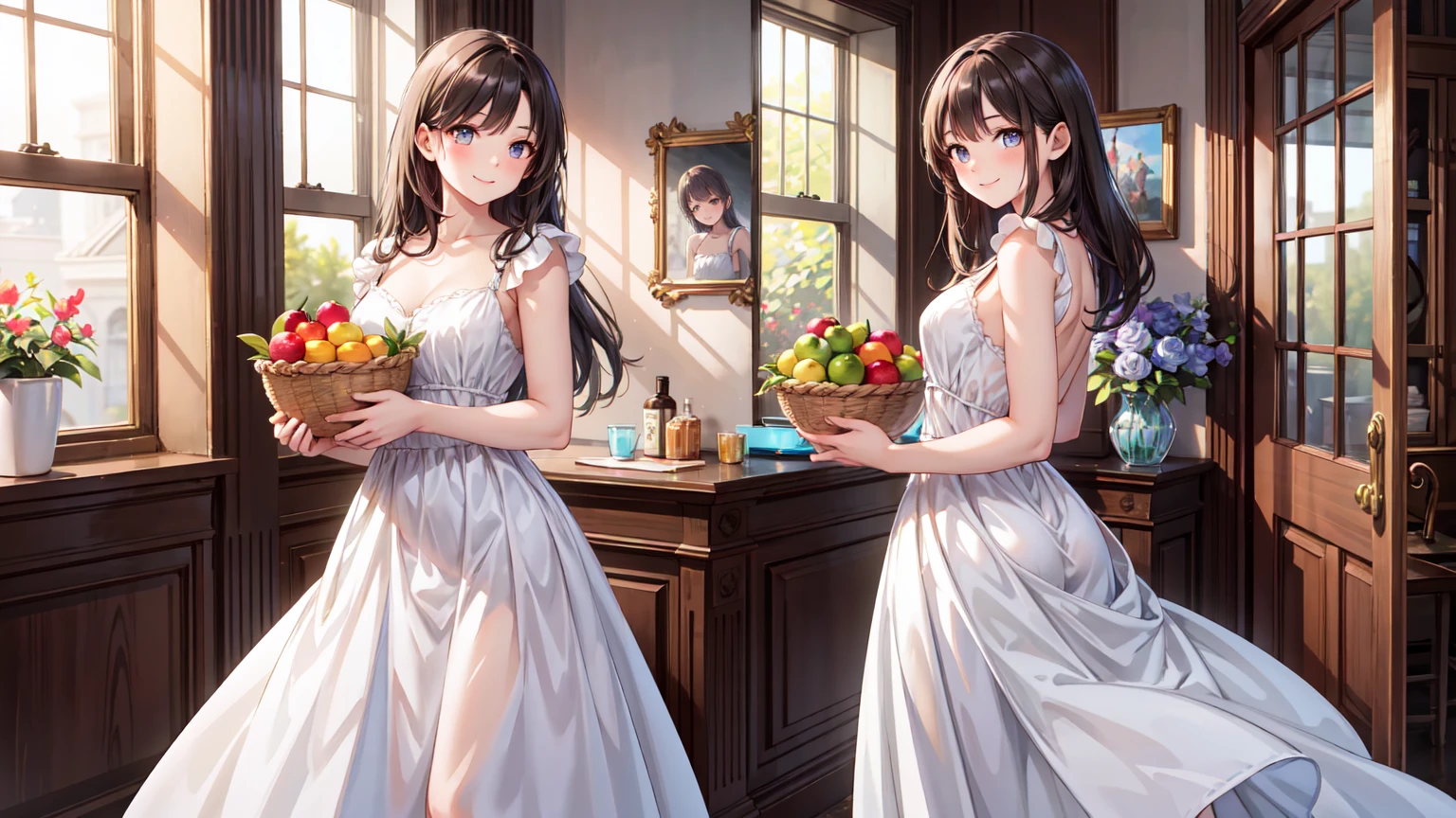 beautiful young woman, White dresses and dresses, in a beautiful house, My hair is long and neat., flirtatious, Smiling softly, holding a fruit basket,look at yourself in the mirror, Ultra HD, realistic, Bright colors, Highly detailed, UHD Drawing, perfect composition, Complex with beautiful details
