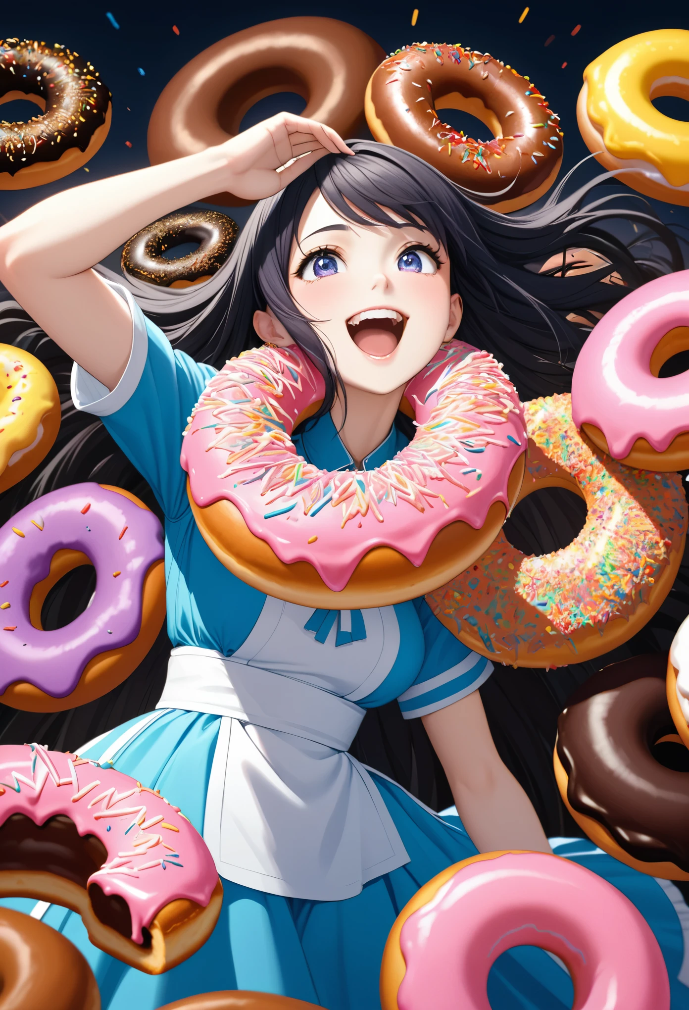 Highest quality, Super quality, 16K, Incredibly absurd, Very detailed, 2.5D, delicate and dynamic, Beautiful woman, Captivating smile, Girl being crushed by giant donut