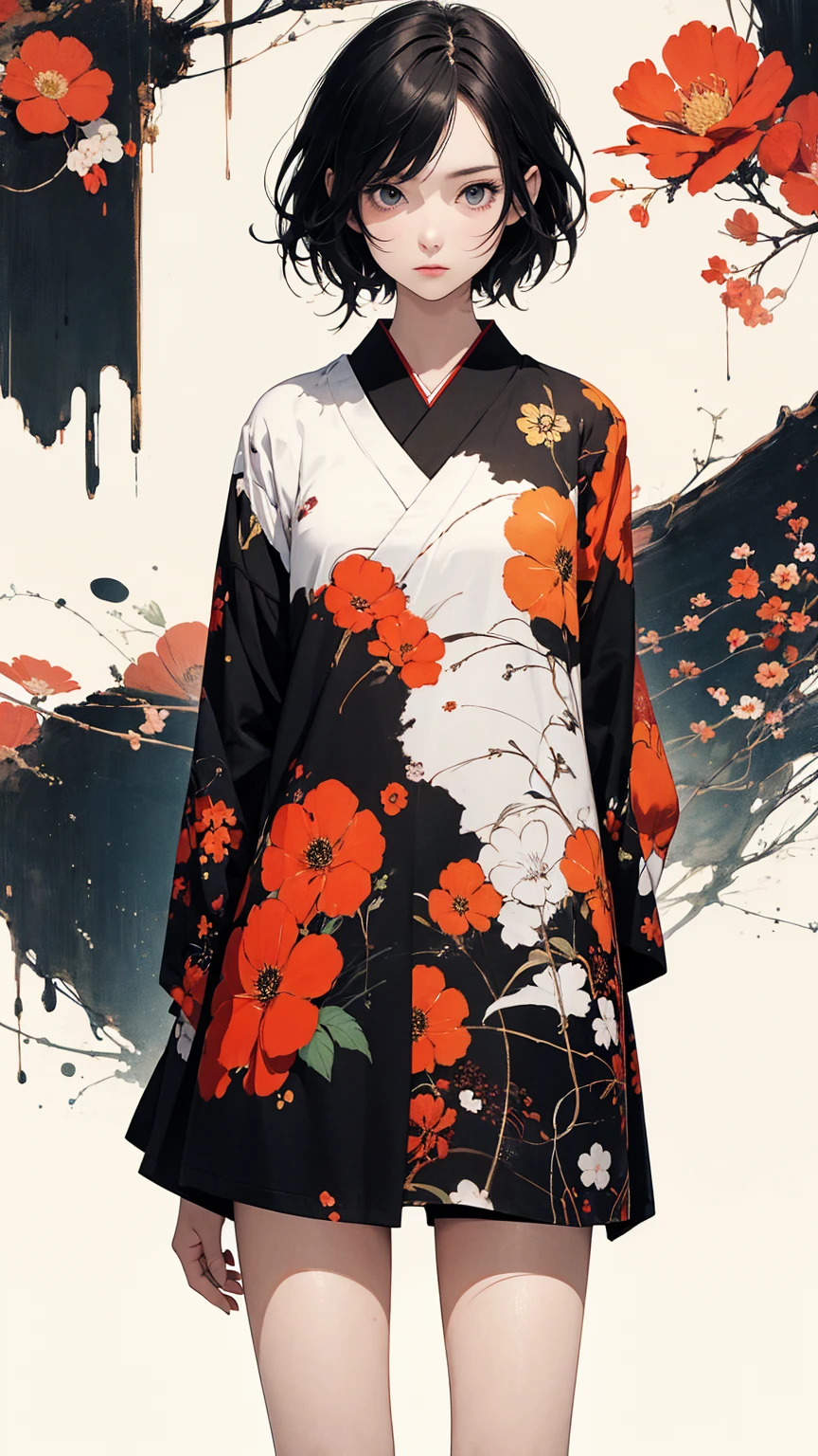 (masterpiece, High resolution, Highest quality), 20-year-old woman, Hands in pockets:1.3, Japanese-style punk fashion:1.2, Petal Collage, abstract design, artistic juxtapositions, And handle background, warm color, mixed-media approach, Anime Style, Simple lines, Digital Painting,