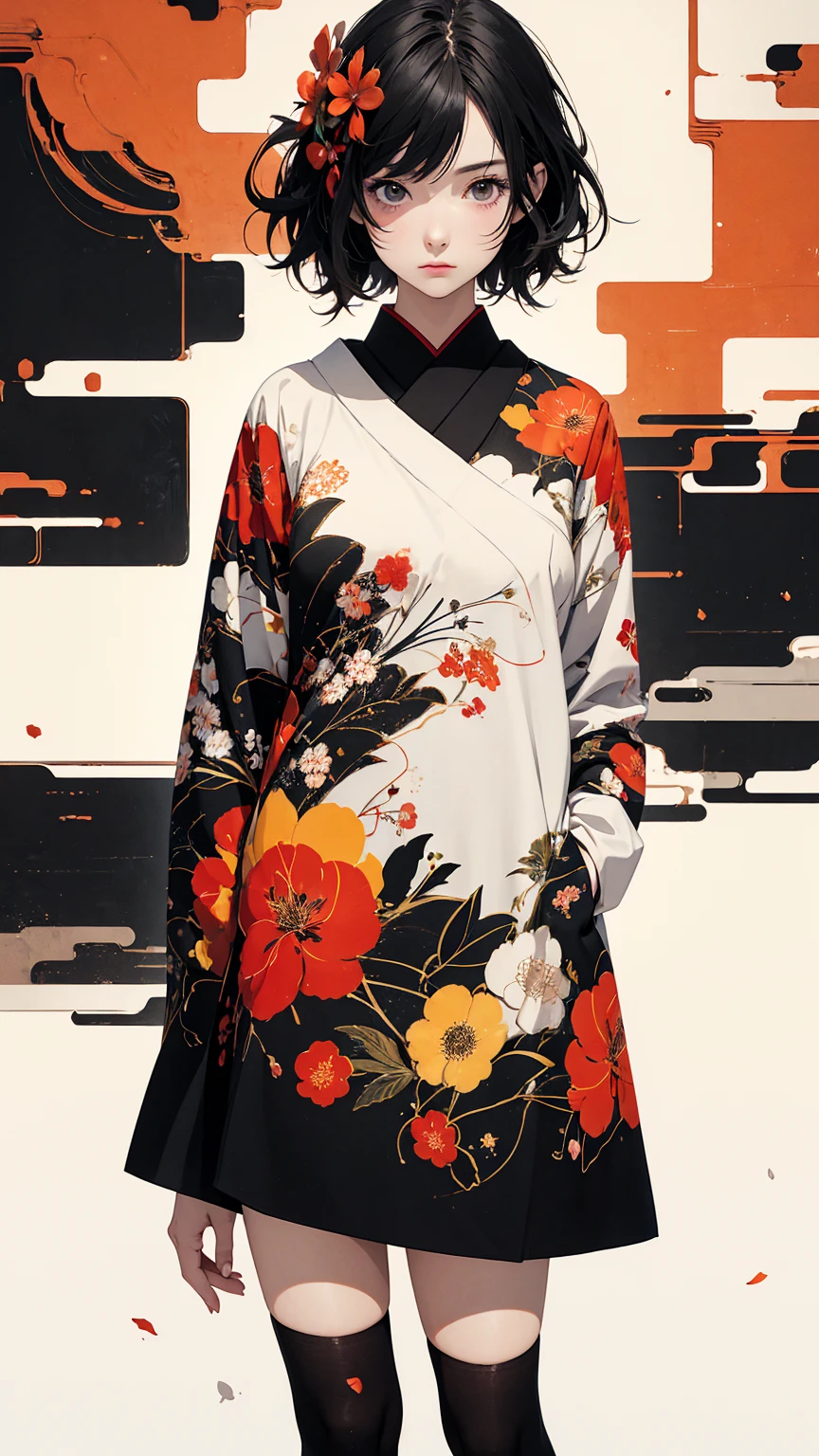 (masterpiece, High resolution, Highest quality), 20-year-old woman, Hands in pockets:1.3, Japanese-style punk fashion:1.2, Petal Collage, abstract design, artistic juxtapositions, And handle background, warm color, mixed-media approach, Anime Style, Simple lines, Digital Painting,