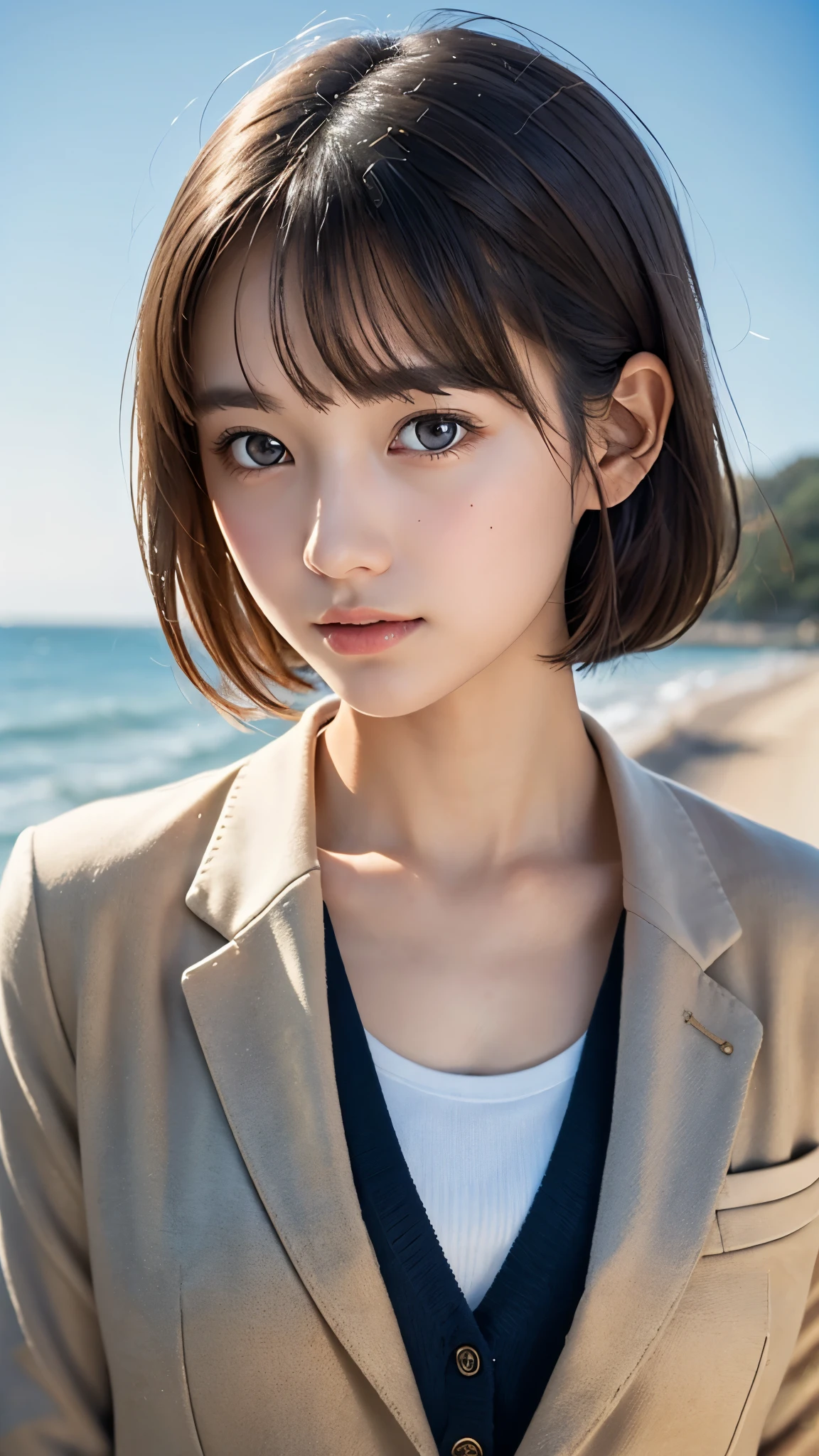 One Girl，(1人のとてもcute女の子:1.3)，masterpiece，Highest quality，High resolution，From below，Low - Angle，Photorealistic，RAW Photos，Ray Tracing，Physically Based Rendering，beautiful girl，(15 years old:1.3)，cute，Big eyes，(detailed pupils:1.2)，(The face is facing straight ahead:1.3)，Body facing forward，Beautiful nose，Upturned nose，Fuller lips，Short black hair，ponytail，short hair，Detailed eyelashes，Thin eyebrows，Very fine grain definition，(Symmetrical eyes，Golden Ratio:1.3)，(Face Focus:1.0)，Small breasts，Short neck，blazer，Checkered pleated skirt，coastal，Blue sky，White cloud，White socks，Portrait，View Viewer，whole body，Cinema Lighting，High resolution，Very detailed