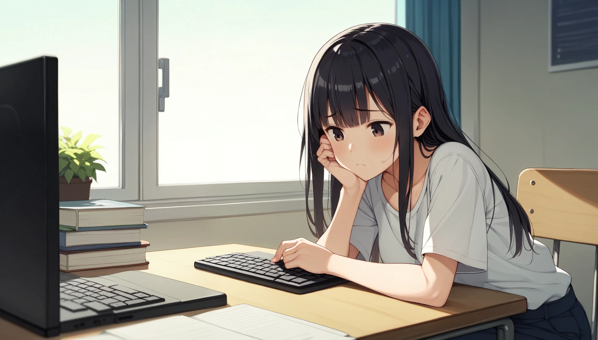 room、high resolution、Tabletop、Summer sky、To the Cloud、White shirt、Hair between the eyes、blunt bangs、Black Hair、I drew a scene of me working in my room at home.。I am concentrating and staring at the computer screen.。Keyboard on the desk、mouse、There are also a few programming-related books.。roomの背景には、I can see midsummer cumulonimbus clouds from the window、It expresses the atmosphere of a woman immersed in coding alone on a quiet and calm day.。