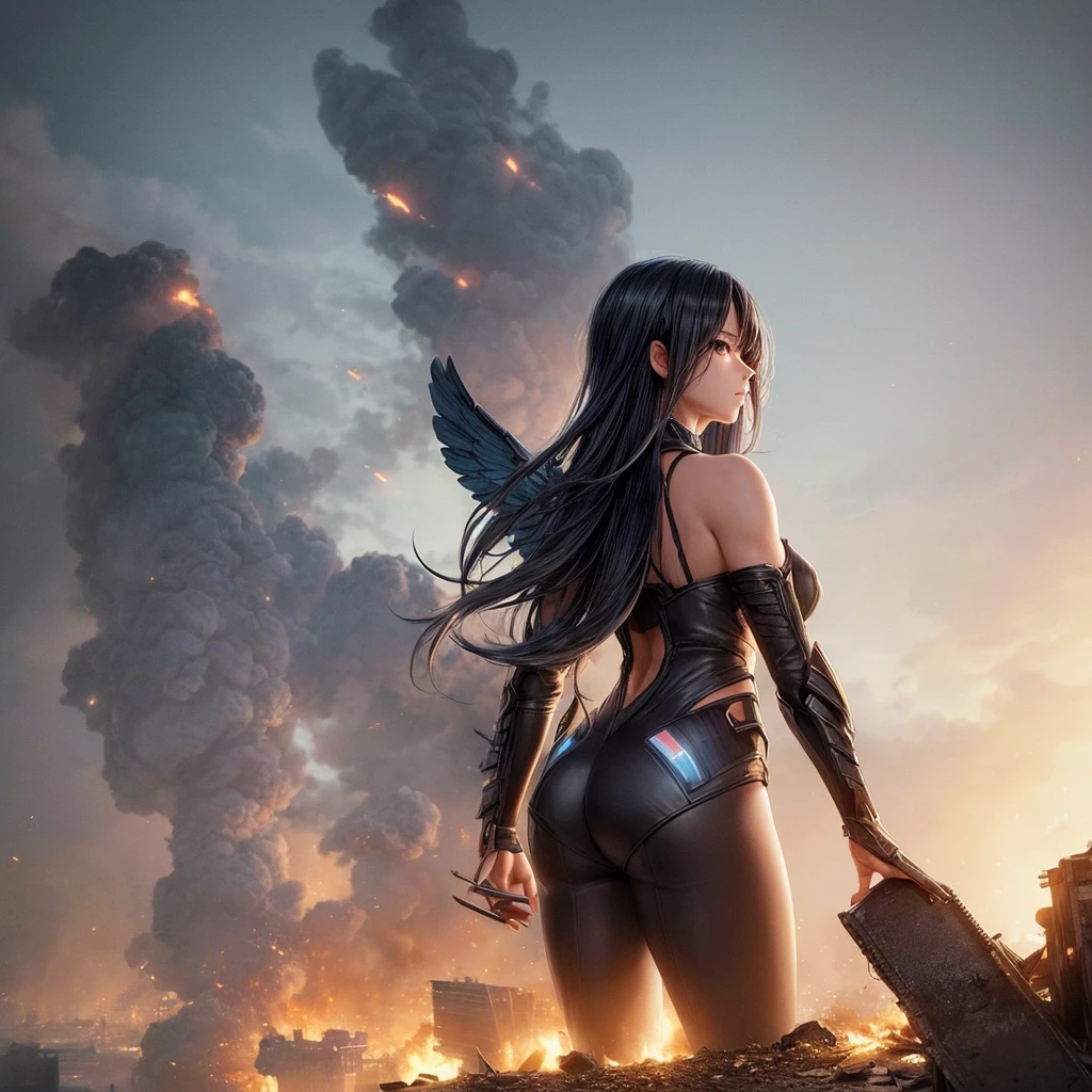 NSFW, sexy, A young girl stands in a devastated city, looking calm and melancholic. She is wearing a dirty navy blazer . Her back has wings made of thin metal plates, which shimmer like fairy wings in the light. Her left hand has been modified into a futuristic machine gun, seamlessly integrated into her shoulder. The scene captures her from an inclined angle, emphasizing the dramatic and intense atmosphere of the setting. The background shows burning buildings and widespread destruction, enhancing the overall somber mood. The illustration is done in a realistic anime style, with rich details and vibrant colors