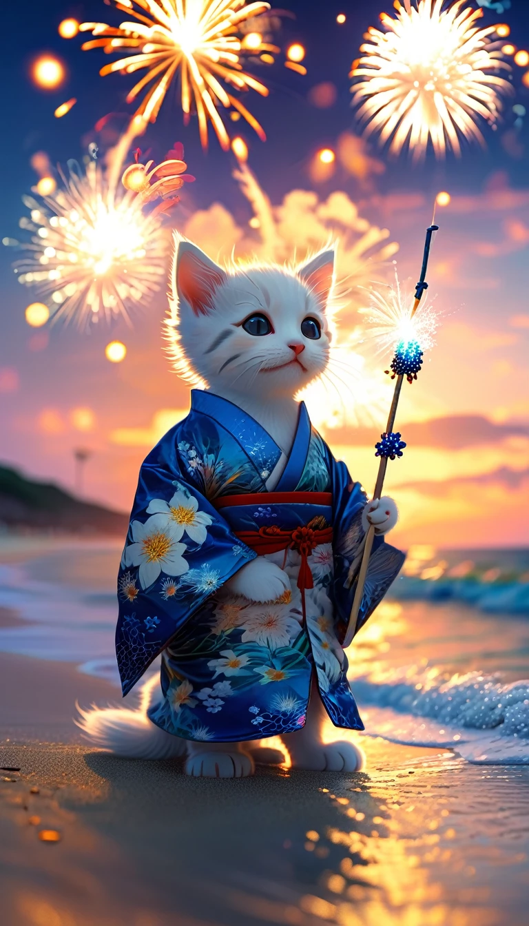 ((8k)), highest quality, 超High resolution, (High resolution), A white kitten is wearing a jinbei, Watching fireworks, Sandy Beach, Ocean ,((Chuckle-Smile))