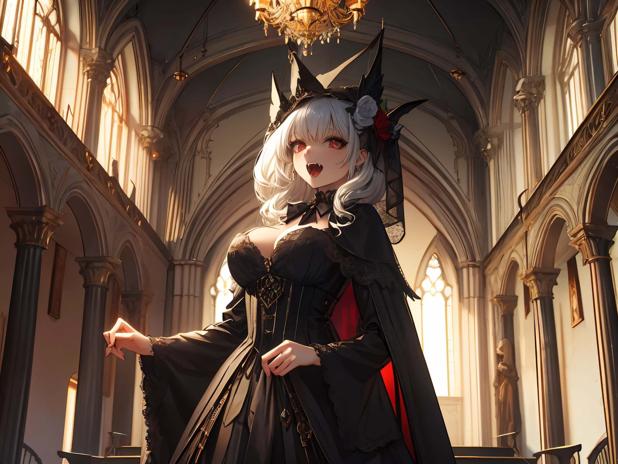 Gothic art, cinematic lighting, textured skin, masterpiece, high quality, high details, super detail, 8k, high resolution, Vampire girl wearing a black cloak, Vampire Carmilla, High resolution, crazy gaze, canines, fangs on the neck of a beautiful woman, All black outfit, tuxedo, red bowtie, large bat wings, In the great hall of an old castle, pausing on the stairs, the room is lit by candlesticks, from below, wide shot