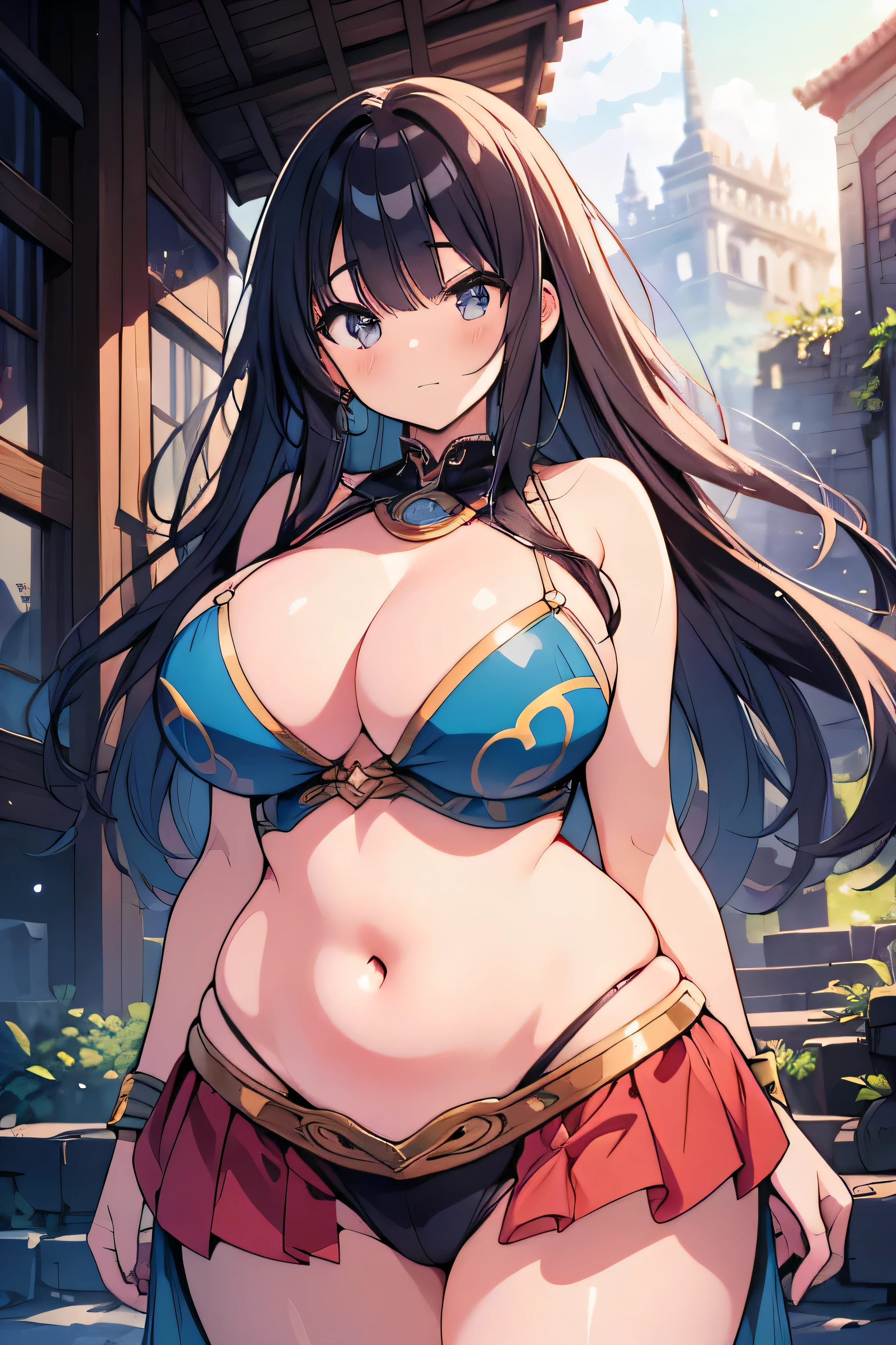Anime illustration、Youth Manga Style、High resolution、Fantasy、Close-up of a person、A voluptuous beautiful shaman explores the ruins of a temple where a refreshing breeze blows.、Perfect proportions、Cowboy Shot
