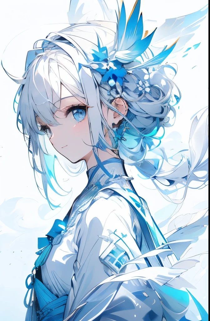 (white background:1.4),(white dirt road, oriental elements)，(nature illustration spring:1.3，paper art:1.3, キルティングpaper art:1.2),( reasonable design, clear lines, High sharpness,highest quality, very detailed, table top, movie lighting effects, 4k )、(light blue dress:1.2)、light blue dress、light blue clothes、shoulder light blue dress、light blue dress with cute design、Wind、With background、White feathers fly off、very white hair、length、light blue theme, slight smile、best smile、facing the front、girl in front