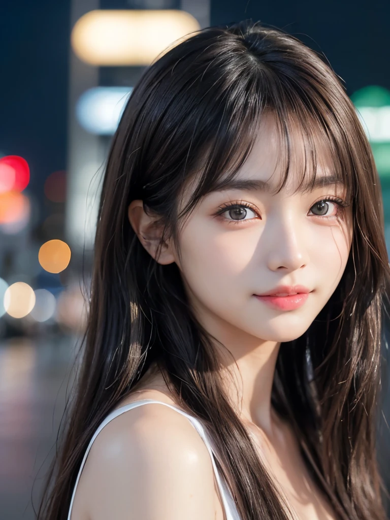 ((masterpiece: 1.3),8k, Realistic, RAW Photos, Highest quality: 1.4),whole body、 (One Girl), beautiful顔, (Realistic Face), (Brown long hair: 1.3), bangs,  Perfect dynamic composition,(High quality with attention to detail, Realistic depiction of eyes:1.3)、(((Shinjuku Station、Neon city at night、See-through dress)))、 profile、２１talent、beauty、Well-formed face、Make the eyes even、Banditium Build、Balanced ratio、beautiful足、Fresh face、beautiful景色、beautifulヘアスタイル, (bangs), (smile), smile, Realistic eyes, Gloss, highlight, highlight in the Eyes, eyelash, 目の中のbeautifulディテール, (Realistic Skin), Shooting from the air、beautiful肌, Transparency、(beautiful)、 smile, teeth, Confused, charm, 超High resolution, Ultra-realistic, High resolution, Golden Ratio, clear eyes, Wet, Looking into the camera, ear, Shine, Long neck, double eyelid, Thin eyebrows、Big eyes, cheek, kind character, charm personality, kind, 圧倒的なcharm, bright personality