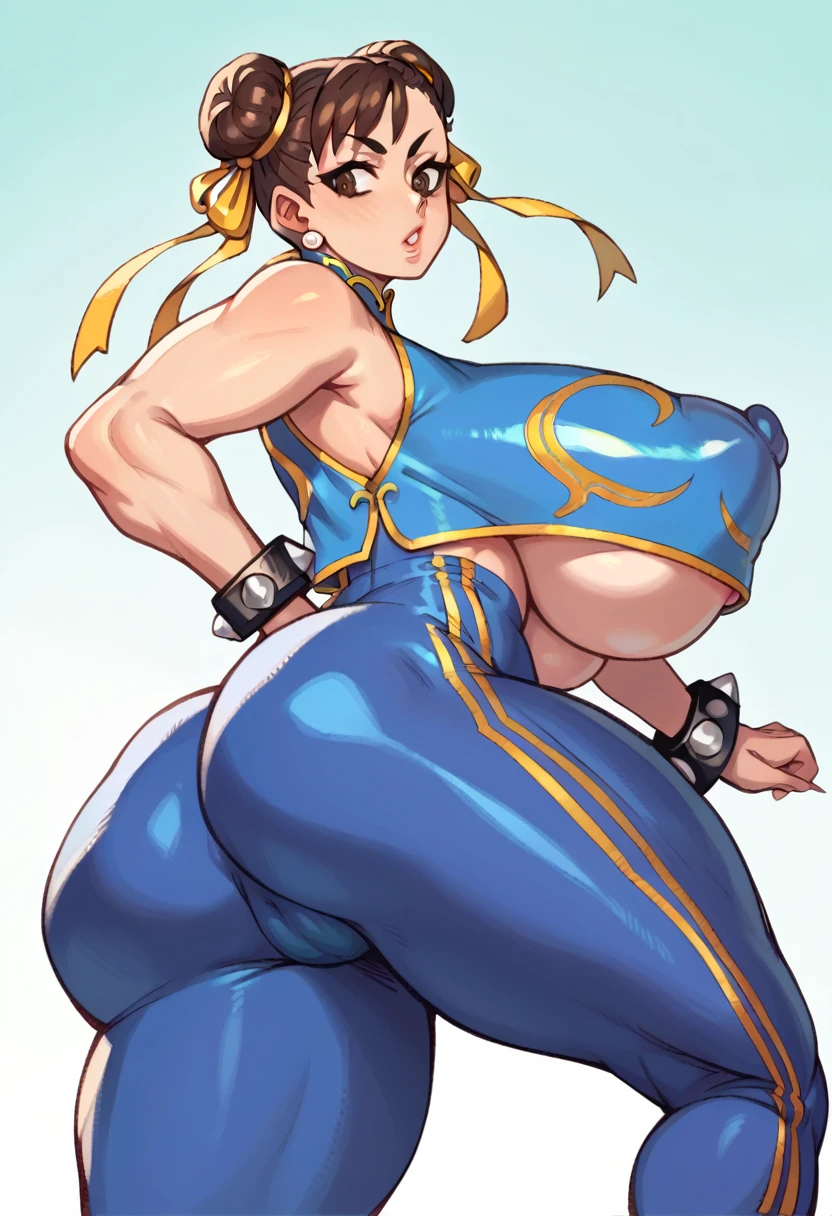 CHUN-LI, brown eyes, double bun, yellow ribbon, blue bodysuit, crop top, sleeveless, wide gigantic ass, from behind, gigantic breasts, underboobs, sideboobs, perky big puffy nipples, ((long erected nipples)), big cameltoe 