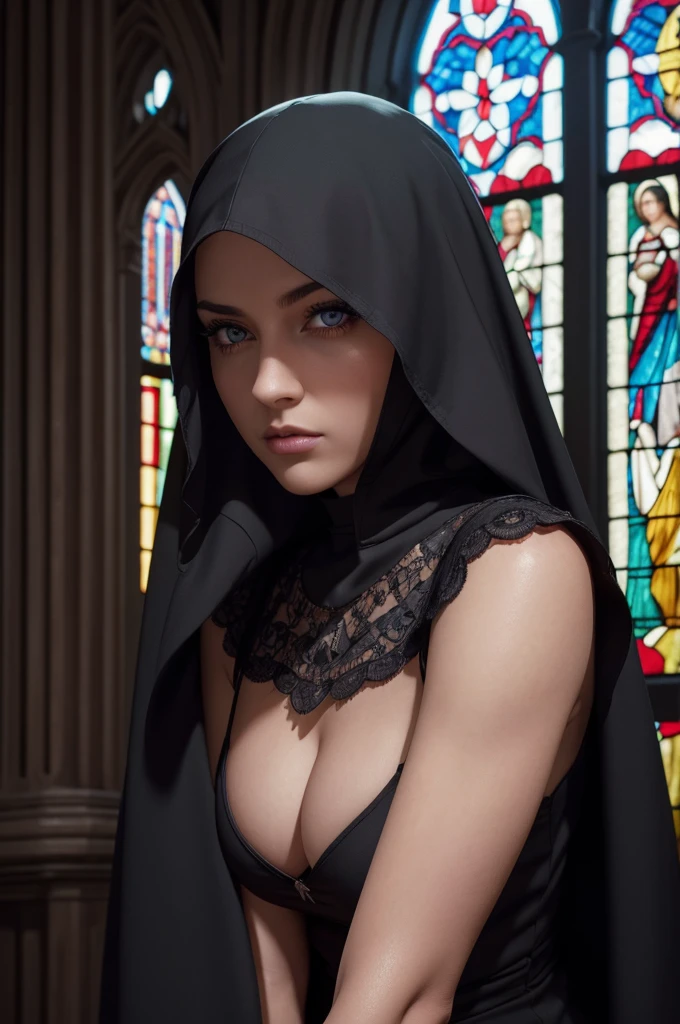 beautiful detailed eyes, beautiful detailed lips, extremely detailed eyes and face, long eyelashes, 1girl, nun, sexy battle nun, standing pose, leg slit, medieval gothic cathedral, stained glass windows, dramatic lighting, cinematic, dark colors, gritty, dramatic, powerful, intense, (best quality,4k,8k,highres,masterpiece:1.2),ultra-detailed,(realistic,photorealistic,photo-realistic:1.37)