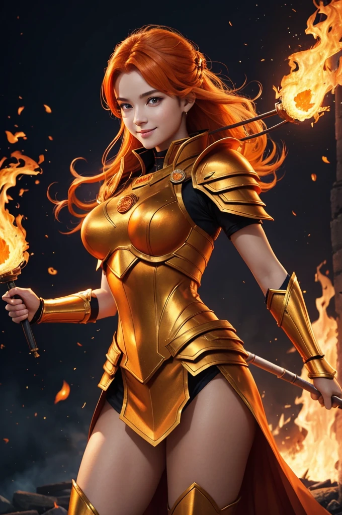 8k,Goddess of Fire, With the energy of a 16-year-old.,Super Beauty(Like the real thing),She looks out at the audience with a fearless smile..,Orange Hair,Orange Flame Armor(Fire God's Emblem),Orange Flame Gauntlets(Fire God's Emblem),Orange Flame Leg Guards(Fire God's Emblem),A dark and desolate land,Photorealistic RAW photos of the highest quality。Bright colors,Rich colors, Backlight, Cinema Lighting, Film Grain, 50mm lens, Nikon D850,Realistic Skin,Fantasy art,Character Art,Ultra-high resolution,Realistic Skin,Very strong and toned abdominal muscles,Raised muscles,A 16-year-old beauty who is the goddess of fire,Golden Eyes,Black Flame God Costume(Orange flame emblem filigree),Energy Man,Muscular Beauty,Hard and strong abs,Top-down view,Dynamic fighting pose,Uplifting,Big smile,