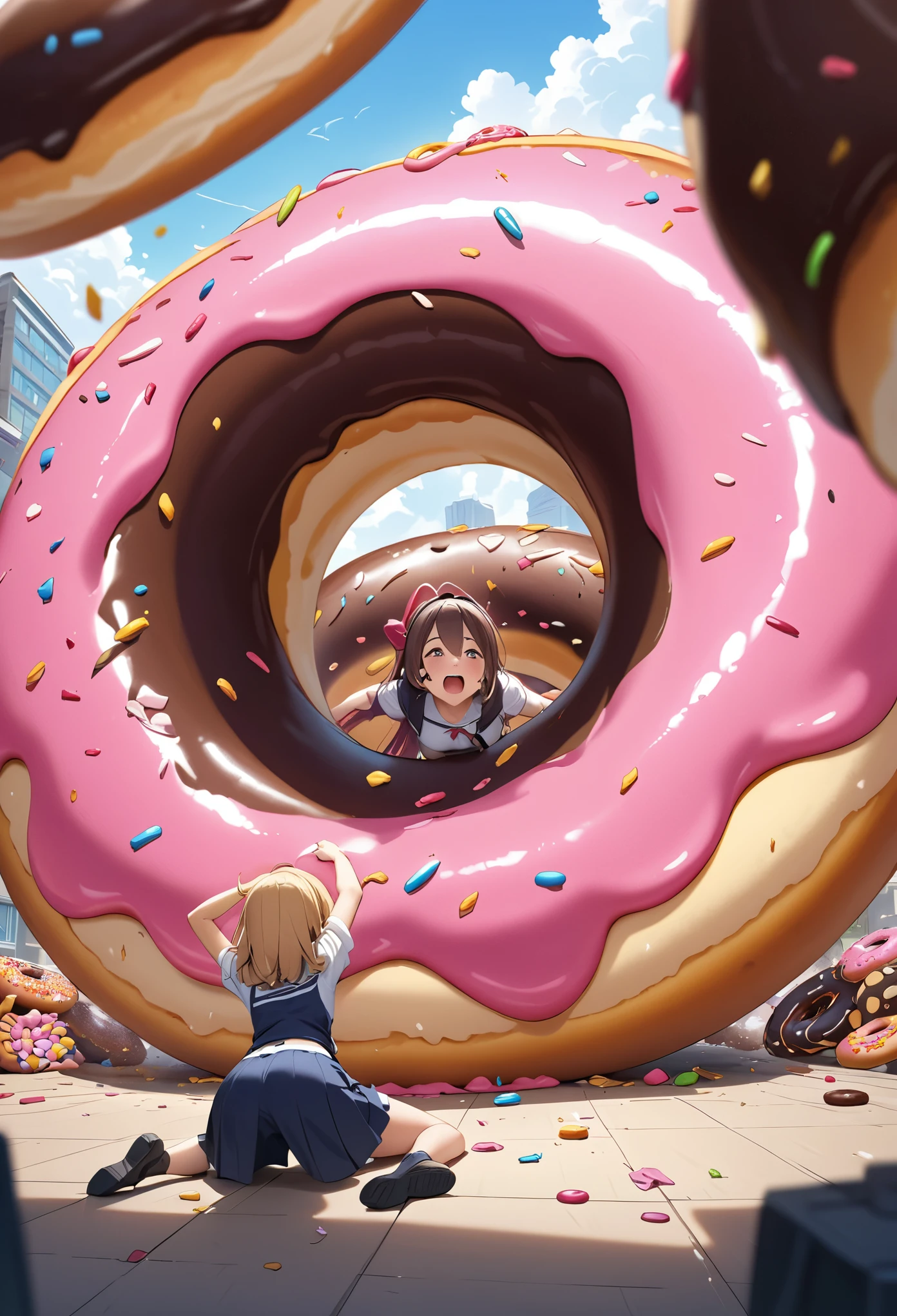 Highest quality, Super quality, 16K, Incredibly absurd, Very detailed, 2.5D, delicate and dynamic, Beautiful woman, Captivating smile, Girl being crushed by giant donut
