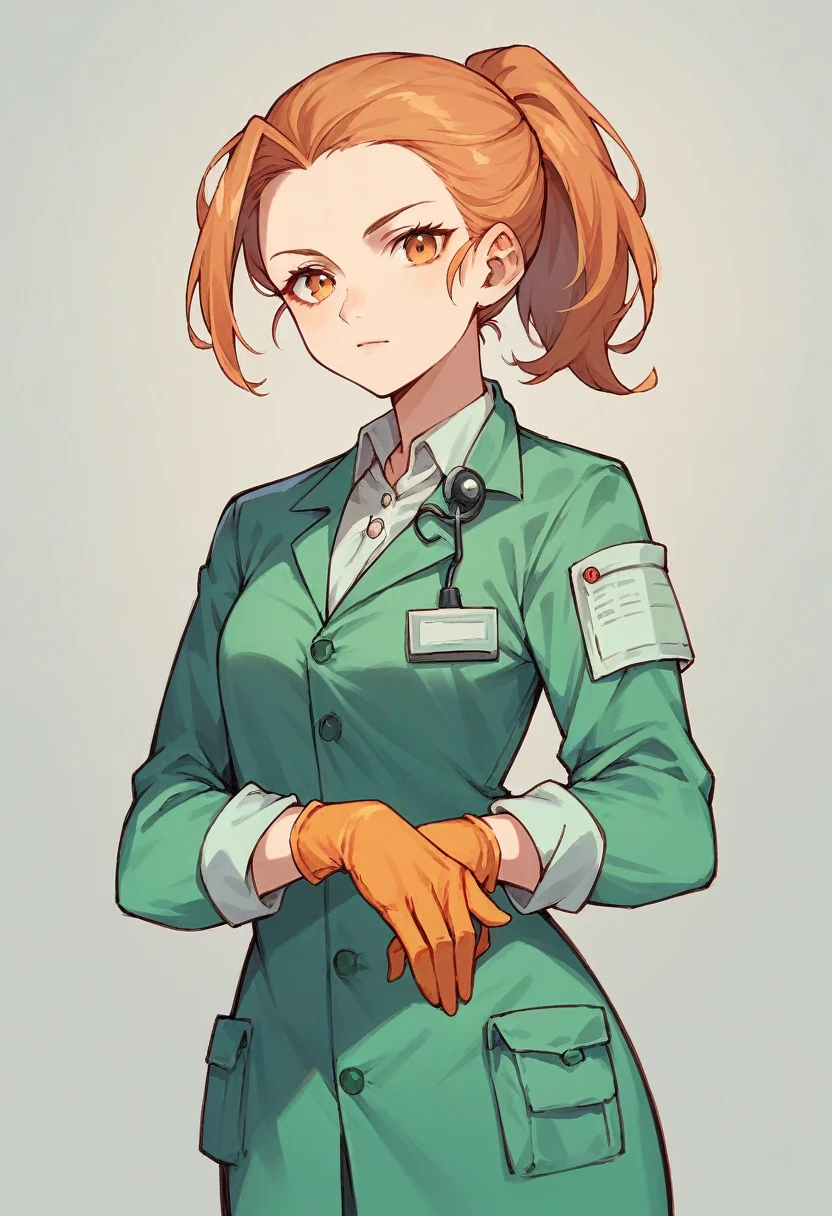 1girl, ponytail, ((orange surgical gloves)), ((((long sleeves)))), looking at viewer, ((green doctor outfit)), standing, solo