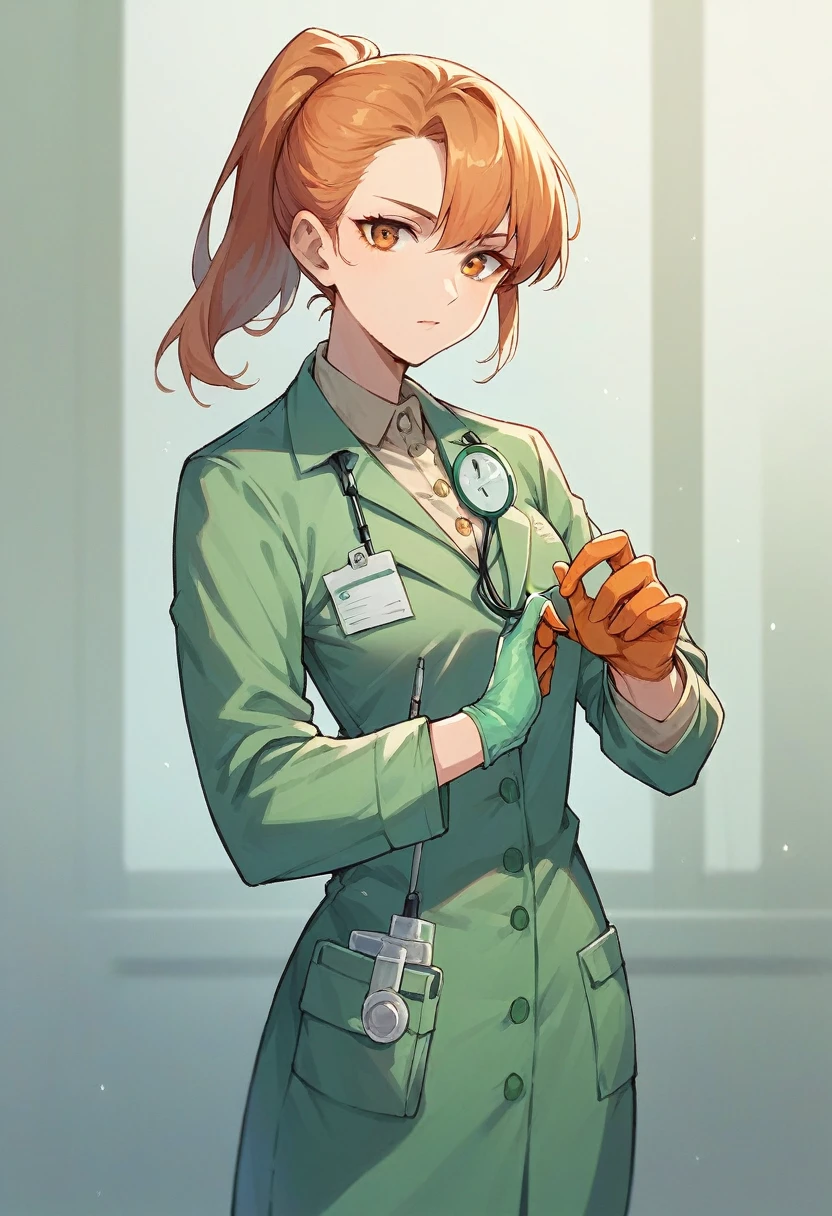 1girl, ponytail, ((orange surgical gloves)), ((((long sleeves)))), looking at viewer, ((green doctor outfit)), standing, solo