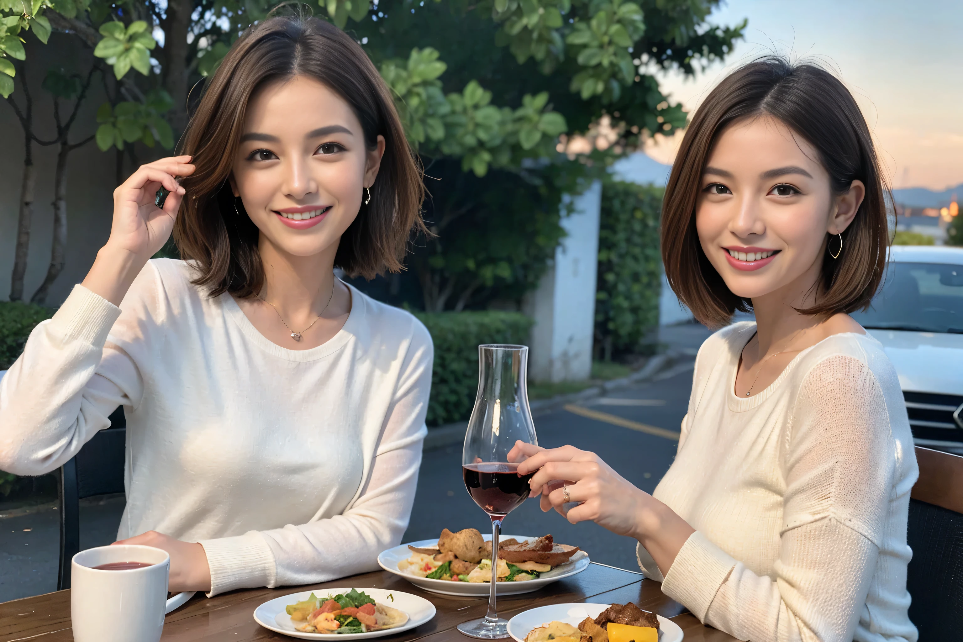 （Realistic:1.1）,(masterpiece,Highest quality)，8k,(49 years old), 53 years old, slimカップル、Tight waist,Upper Body,full-course dinner、wine 、Amazing view of the sunset sky and clouds、Perfect Anatomy, Brown Hair, short hair,Random Hairstyles,((Highly detailed face and eyes:1.2))，Perfect golden ratio face，Long sleeve shirt、dress,(smile:1.2)、Shortcuts、cute、(Realistic, Intricate details:1.2), A bright smile、short hair,Bright Face、赤wine 、Appetizers、Italian food、wine bottle、Champagne、スパークリングwine、(slimな顔), (The body is slim), (Brown Hair), (Shortcuts),  Upper Body, 白wine, slim, wineグラス, 
