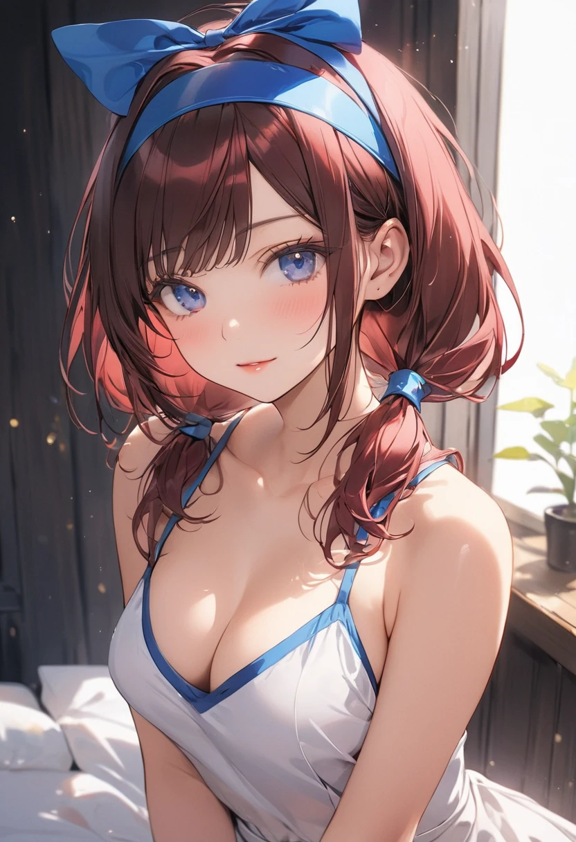 ((Highest quality))、((masterpiece))、(detailed)、((Anatomically correct))、One Woman、aldult、Adult、look at me、(Ultra-glossy skin with attention to detail:1.1)、mari makinami, long hair, brown hair, twintails, (low twintails:1.5), hairband, blue hairband, Blue eyes, (parted bangs:1.5),