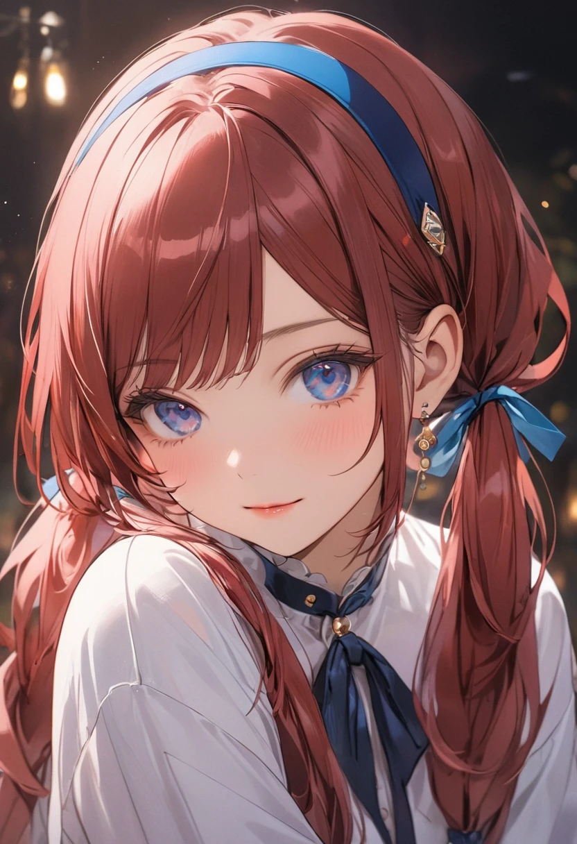 ((Highest quality))、((masterpiece))、(detailed)、((Anatomically correct))、One Woman、aldult、Adult、look at me、(Ultra-glossy skin with attention to detail:1.1)、mari makinami, long hair, brown hair, twintails, (low twintails:1.5), hairband, blue hairband, Blue eyes, (parted bangs:1.5),