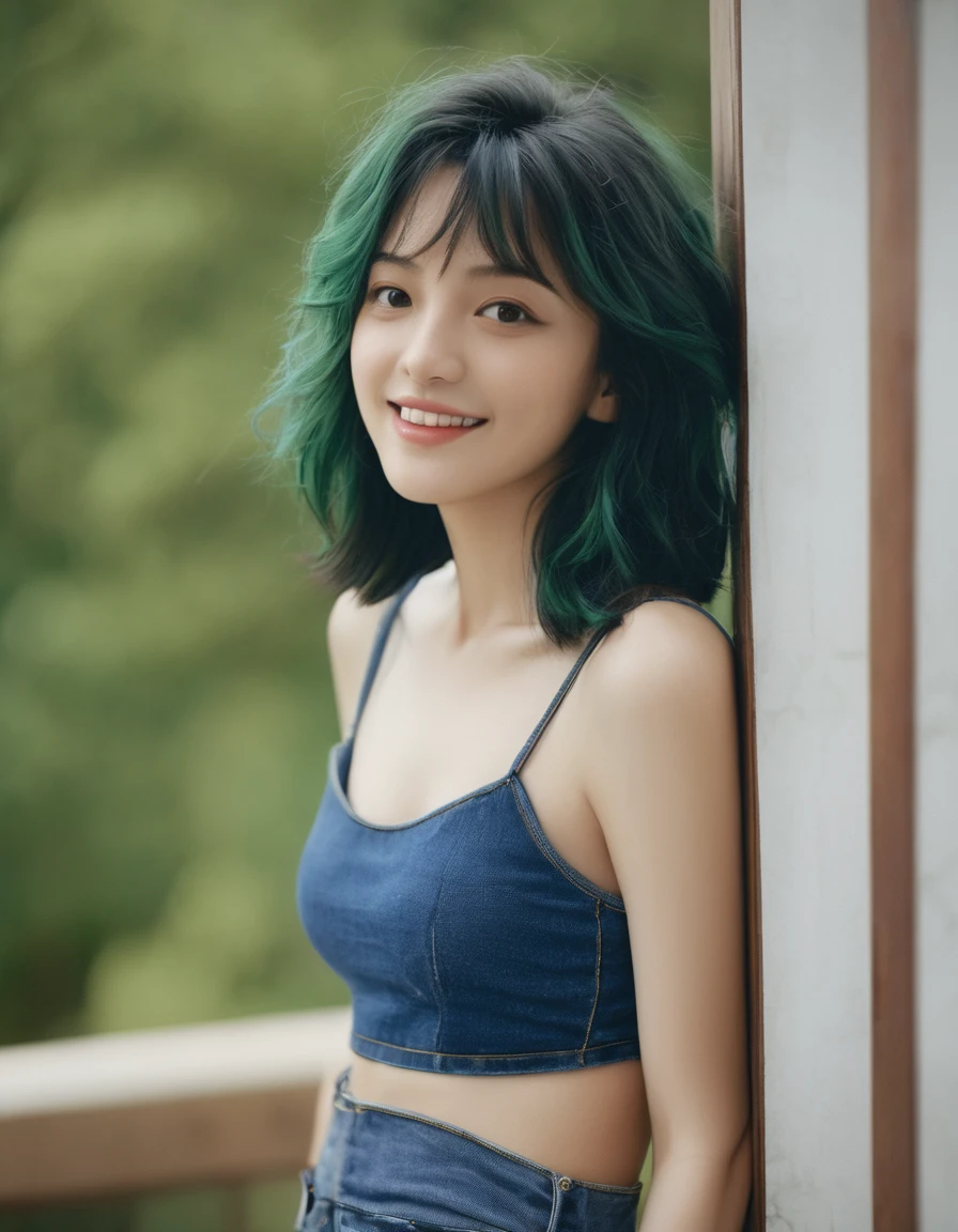 Quite a bit body, photo of a gorgeous young woman in a Glamorous outfit, beautiful long and slender face Japanese girls, still from the film, ((solo)), (Marion Cotillard look alike face: 0.7), Ultra realistic photograph, tina branford, green hair, violet eyes, blue camisole, dark blue denim jeans, (medium ), (petite body:1.2), messy hair, tired, evil smile, head turned, gym, leaning on wall, (masterpiece, best quality, very aesthetic, ultra detailed), intricate details, beautiful face, detailed eyes, detailed background, granblue_fantasy_style_xl, expressiveh,  light from above, shiny skin, oiled skin,, Leica SL3, Summicron-SL 75 f/2 ASPH, kodak gold 200 film, dynamic action pose,