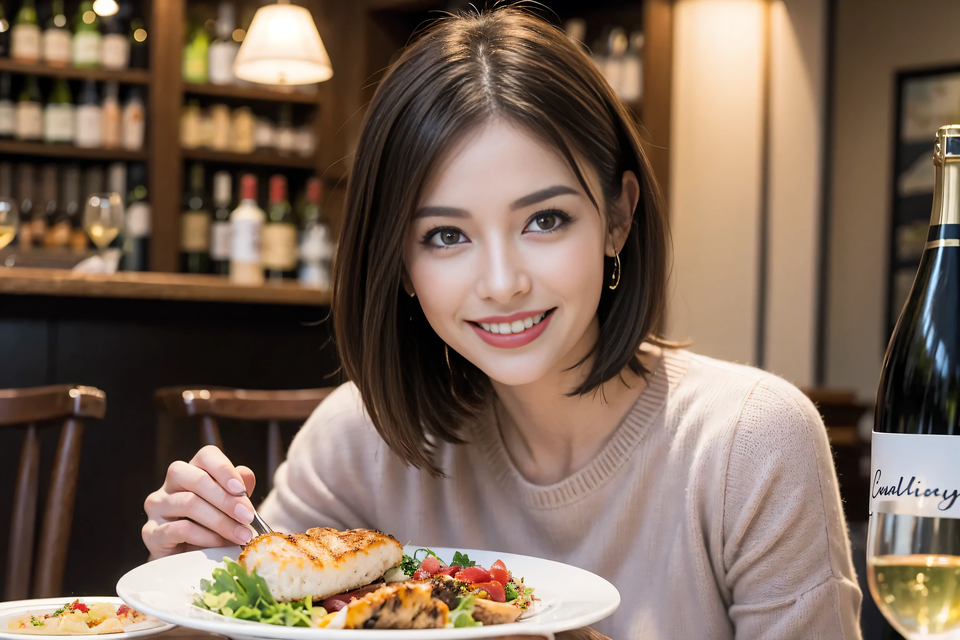 (Realistic:1.1),(masterpiece,Highest quality),8k,(49 years old), 53 years old, slimカップル、Tight waist,Upper Body,full-course dinner、wine 、Amazing view of the sunset sky and clouds、Perfect Anatomy, Brown Hair, short hair,Random Hairstyles,((Highly detailed face and eyes:1.2)),Perfect golden ratio face,Long sleeve shirt、dress,(smile:1.2)、Shortcuts、cute、(Realistic, Intricate details:1.2), A bright smile、short hair,Bright Face、赤wine 、Appetizers、Italian food、wine bottle、Champagne、スパークリングwine、(slimな顔), (The body is slim), (Brown Hair), (Shortcuts), Upper Body, 白wine, slim, wineグラス,