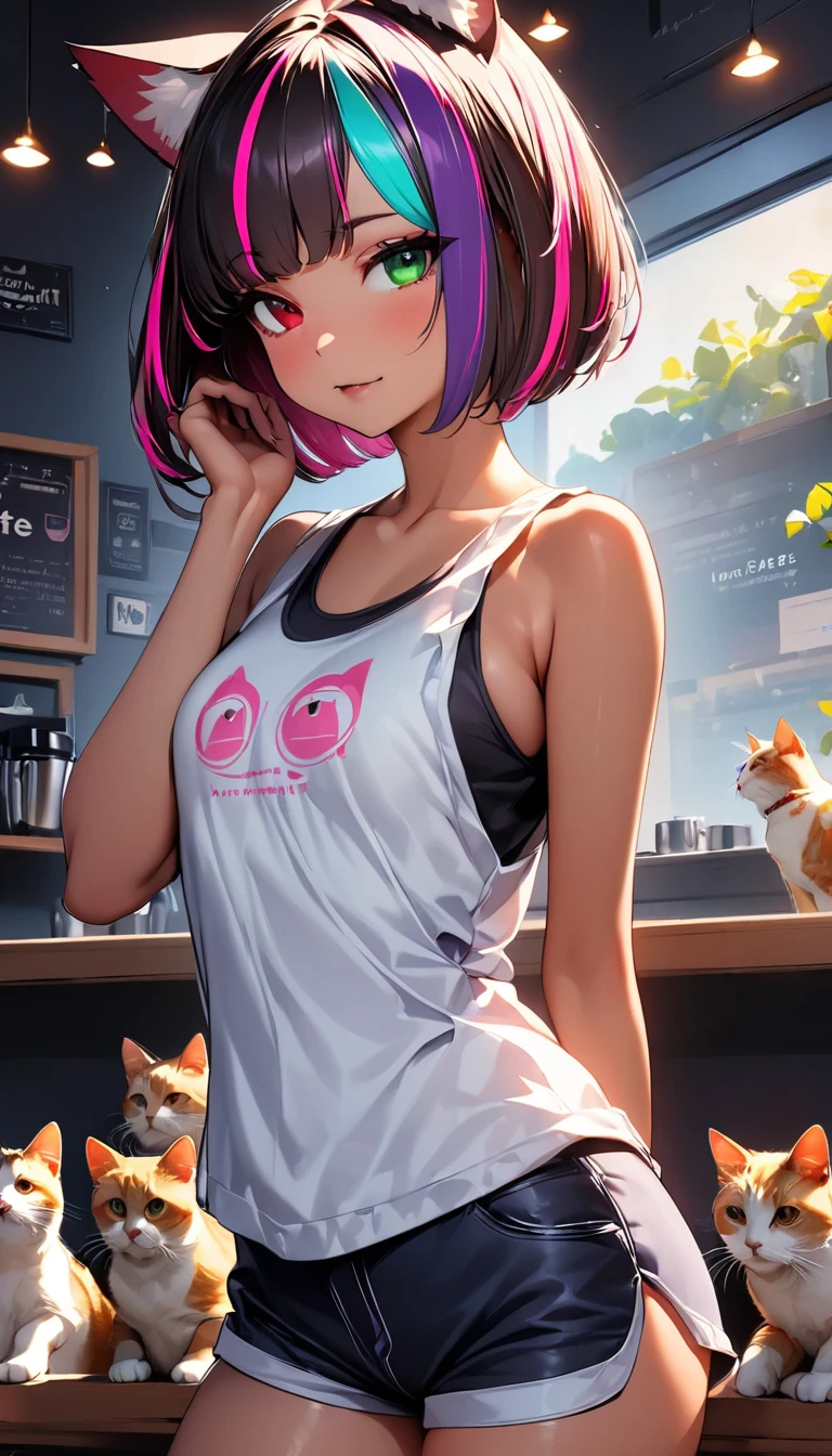 (highest quality:1.2, Very detailed, up to date, Vibrant, Ultra-high resolution, High Contrast, masterpiece:1.2, highest quality, Best aesthetics), Portraiture、girl、solo, (25-years-old:1), (slim:1), heterrochromia, green eye, red eye, Bright color, (Cat ears), tank top, short pants, (cat pose:1), Beautiful fine details、Beautiful lip detail、extra short hair, ((bob cut:1.5))、pink and purple, ((streaked hair:1.9)), (highlights hair: 1.6), (medium breast:0.5), (tan skin:0.5), ((cat cafe, many cats in background:1)), cowboy shot:1,
