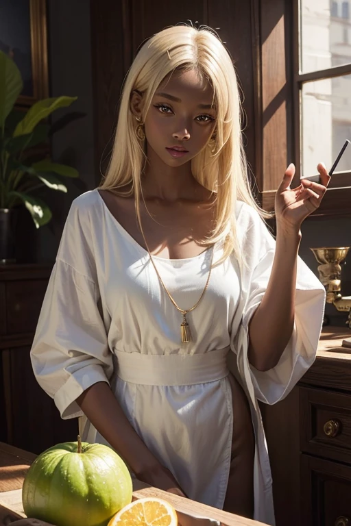 Highest quality、masterpiece、High sensitivity、High resolution、Detailed Description、Dark skinned woman、Slender women、Blonde、White quat、