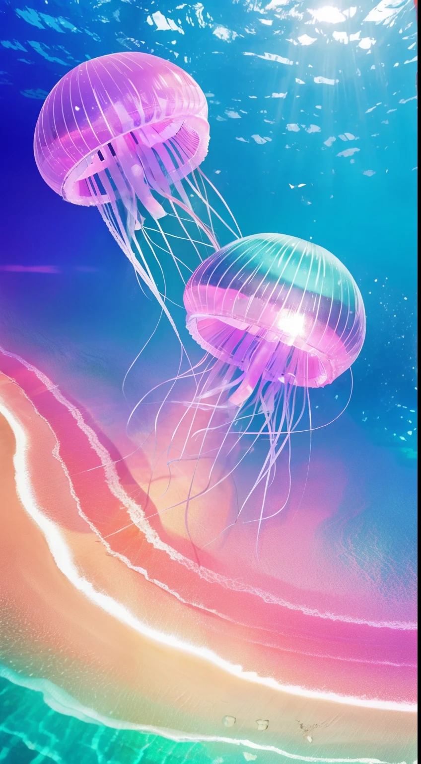 ((Sea)),noon,moon,Money,pink,green,White Sand,Glass texture、Light,Gradient Semi-Transparent, clean,jellyfish