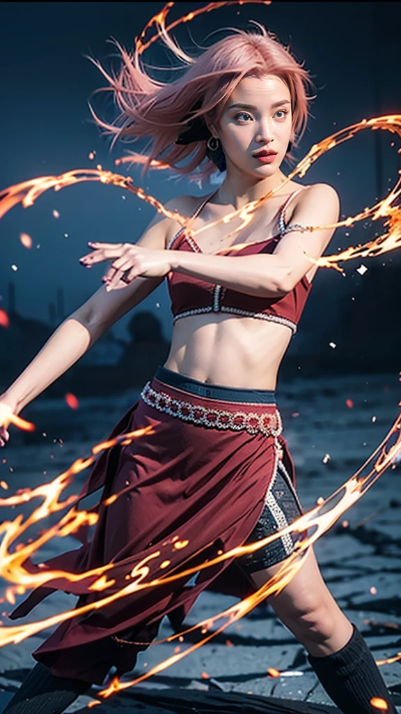 Moisturized skin,Realistic body,(Adult female body),Energetic,(16 years old),(Girl),,Crop top,,Collarbone,Earrings,
BREAK,
Bright red lipstick,(Beautiful navel),(Pink hair),Beautiful hair,Short hair,
BREAK,
((Masterpiece+Top quality+High resolution+Very detailed)), (Full body:1.2),Symmetrical,One shot,
BREAK,
(Wind blowing),(Blue electricity),(Fighting stance:1.4),
BREAK,
Assassination,,Fantastic,Dynamism,Very tight leggings,