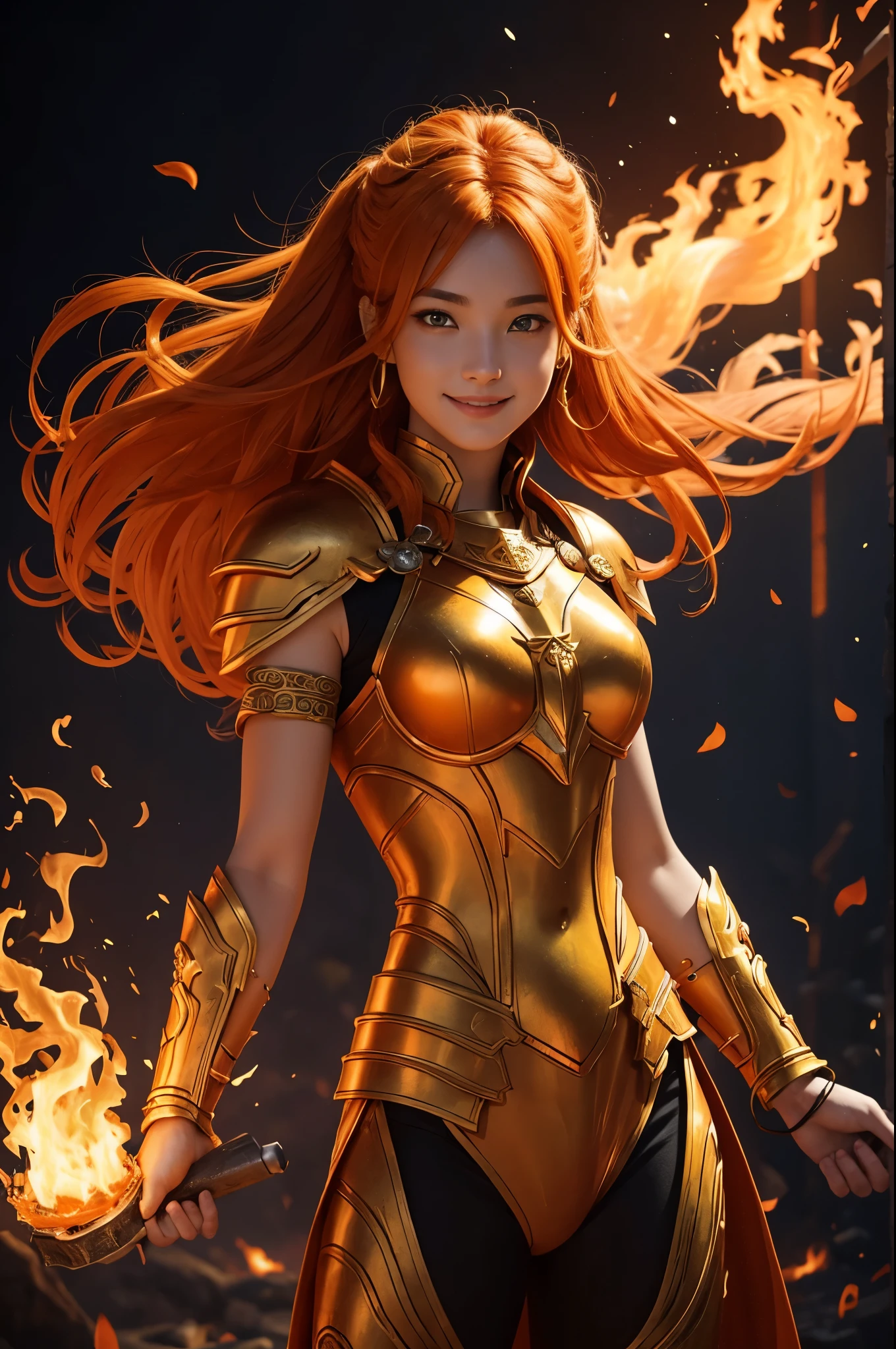 8k,Goddess of Fire, With the energy of a 16-year-old.,Super Beauty(Like the real thing),She looks out at the audience with a fearless smile..,Orange Hair,Orange Flame Armor(Fire God's Emblem),Orange Flame Gauntlets(Fire God's Emblem),Orange Flame Leg Guards(Fire God's Emblem),A dark and desolate land,Photorealistic RAW photos of the highest quality。Bright colors,Rich colors, Backlight, Cinema Lighting, Film Grain, 50mm lens, Nikon D850,Realistic Skin,Fantasy art,Character Art,Ultra-high resolution,Realistic Skin,Very strong and toned abdominal muscles,Raised muscles,A 16-year-old beauty who is the goddess of fire,Golden Eyes,Black Flame God Costume(Orange flame emblem filigree),Energy Man,Muscular Beauty,Hard and strong abs,Top-down view,Dynamic fighting pose,Uplifting,Big smile,