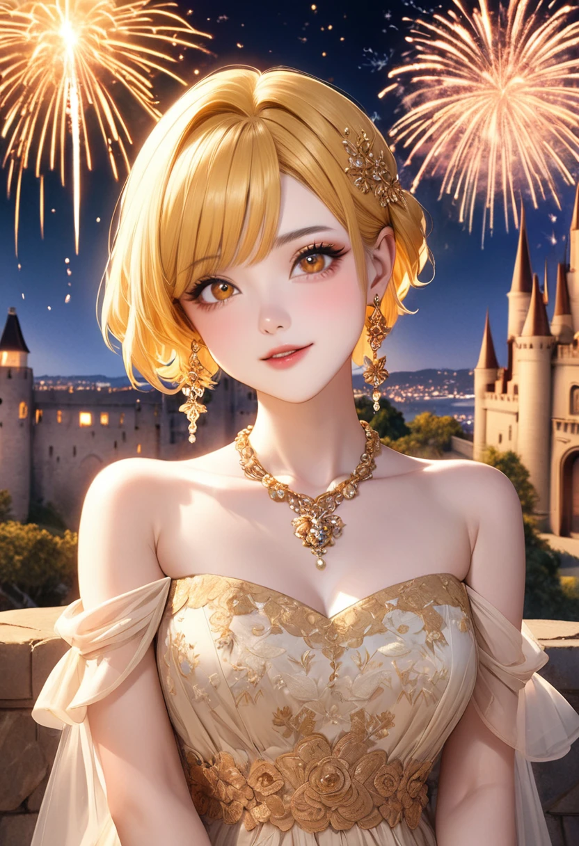 1 female Yellow short hair Yellow eyebrows Orange eyes Socialite debut Beige gold embroidered long dress Inside the castle firework hair ornaments Gorgeous necklace with matching earrings Golden West