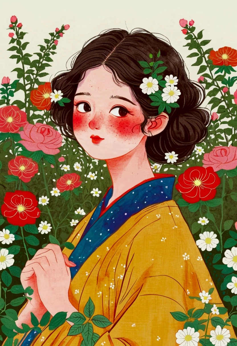 girl illustration surrounded by roses, Girl in the flowers, Flower-faced girl, Girl in the flower field, Inspired by Takehisa Yumeji, Girl with a wreath, Girl in the flower field正面照, Girl in flower bed, With flowers, Inspired by Yoshitomo Nara, Woman in flowers, Wearing a floral dress