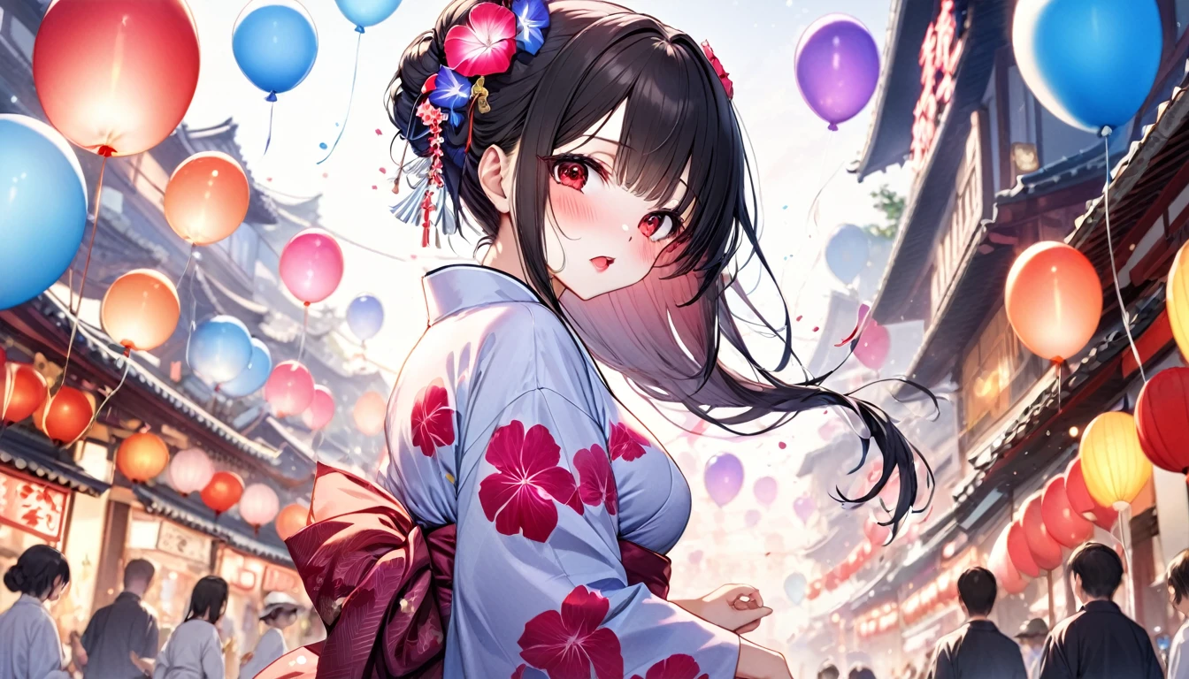 panoramic, low-angle, (Lovers style), (lover's pov, closed lover's arm), (solo:2, 18 yo, beautiful detailed sexy body), (beautiful asymmetry:1.3 bangs, Messy bun) (best grow black hair very long hair) (sexy sadist girl, beauty detailed moist red eyes), (sexy glossy pink lip, open mouth, rage face, blushing:1.2, big tits), in a immensely beautiful yukata with double exposure morning glory) break, in the night summer Festival Dance Event, background many mini Prayer Paper Balloon, BREAK, perfect anatomy, masterpiece, best quality, 16k, beautiful detailed night, daydreaming expression.