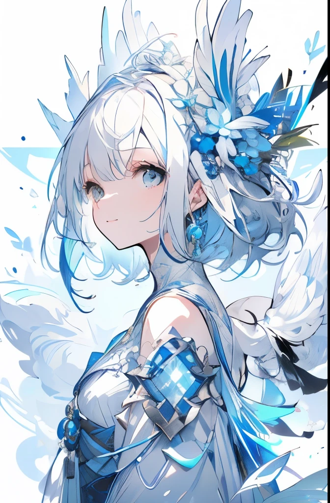 (white background:1.4),(white dirt road, oriental elements)，(nature illustration spring:1.3，paper art:1.3, キルティングpaper art:1.2),( reasonable design, clear lines, High sharpness,highest quality, very detailed, table top, movie lighting effects, 4k )、(light blue dress:1.2)、light blue dress、light blue clothes、shoulder light blue dress、light blue dress with cute design、Wind、With background、White feathers fly off、very white hair、length、light blue theme, slight smile、best smile、facing the front、girl in front