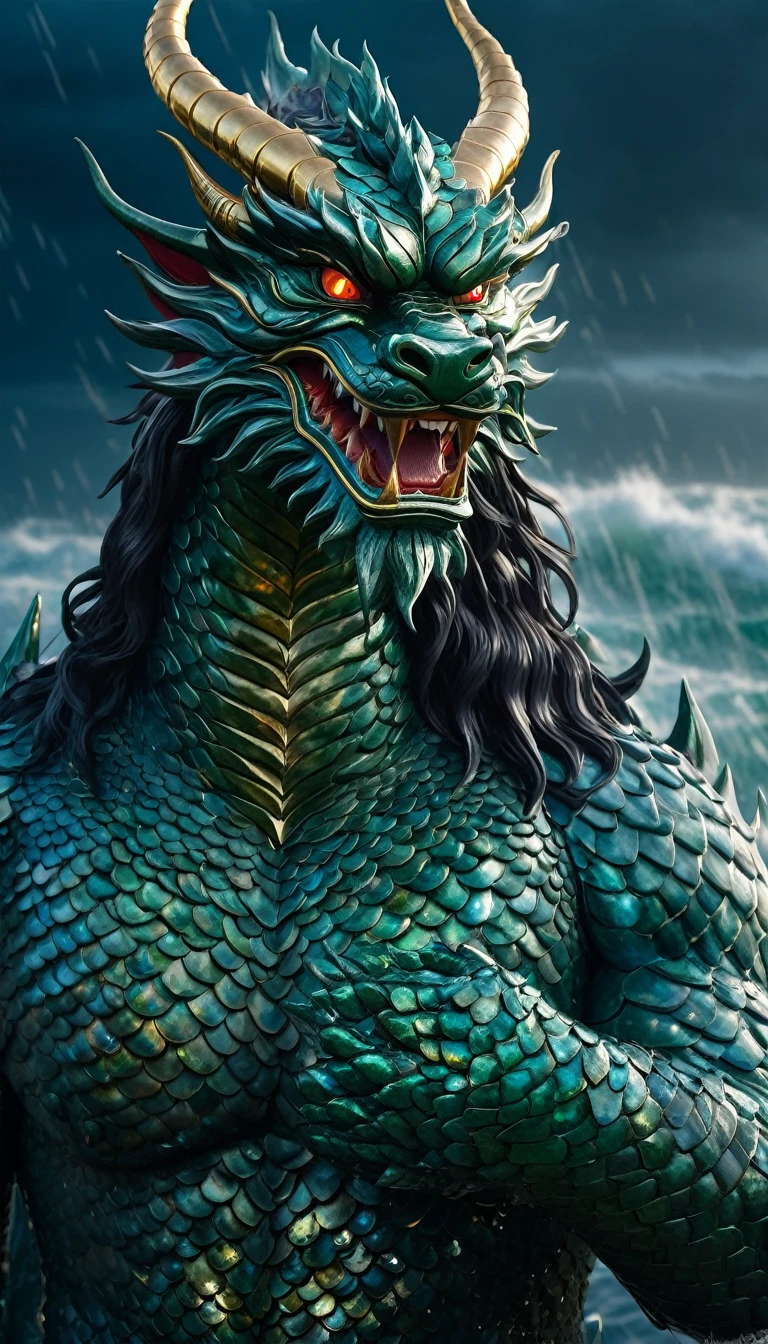 Ultra-detailed close-up portrait of Lac Long Quan, mythical Vietnamese dragon king, from waist up. Incredibly handsome face with chiseled features, intense piercing eyes glowing with supernatural power. Long, flowing dark hair with iridescent scales interwoven. Majestic dragon horns protruding from his forehead, curved and gleaming.
Muscular torso rippling with superhuman strength, skin with a subtle scale-like texture. Wearing an intricate golden collar adorned with precious gems that glow with inner light. In his hand, he wields an otherworldly, ancient weapon - perhaps a trident or a sword - emanating mystical energy.
Lac Long Quan stands tall and imposing, a colossal figure of godlike presence and supreme authority. His posture exudes power and confidence, dominating the frame.
Behind him, a tempestuous seascape with enormous waves crashing violently. The sky is dark and ominous, filled with swirling storm clouds and flashes of lightning. The entire scene conveys a sense of epic scale and divine might.
Render in hyper-realistic digital art style with dramatic lighting to enhance the intense atmosphere and highlight Lac Long Quan's godlike appearance. Emphasize the contrast between his calm, powerful demeanor and the chaos of the elements surrounding him.