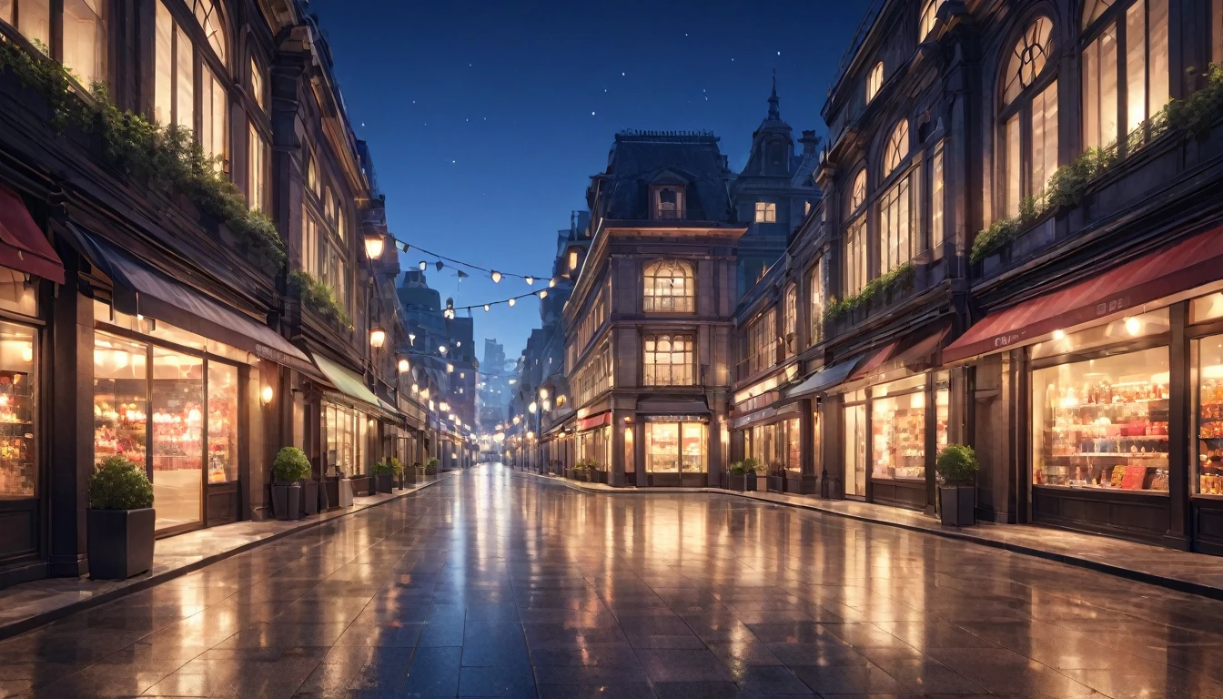a high-end, fashionable shopping district at night, empty of people, anime style, (best quality,4k,8k,highres,masterpiece:1.2),ultra-detailed,(realistic,photorealistic,photo-realistic:1.37),HDR,UHD,studio lighting,ultra-fine painting,sharp focus,physically-based rendering,extreme detail description,professional,vivid colors,bokeh,dramatic lighting,reflections,atmospheric,moody,cinematic,architectural details,empty streets,abandoned buildings