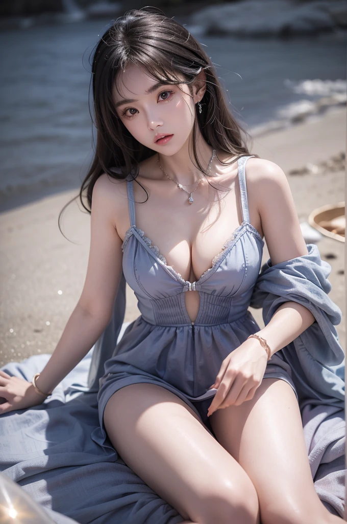 bjyx (Sun, sea, sand), a beautiful woman, a stunning girl sitting on the beach with her knees bent and sideways, ((Visible cleavage)), ((Very nice legs, no extra legs, anatomically correct)), surrounded by flowers and butterflies, her chest partially visible, Lean back, leaning back with her elbows supporting her body, 1girl, detailed face, illuminated by moonlight, atmospheric lighting, detailed environment, dramatic lighting, cinematic, moody, fantasy setting, Beauty goddess, sexy pose, shining silver light, on the hot content