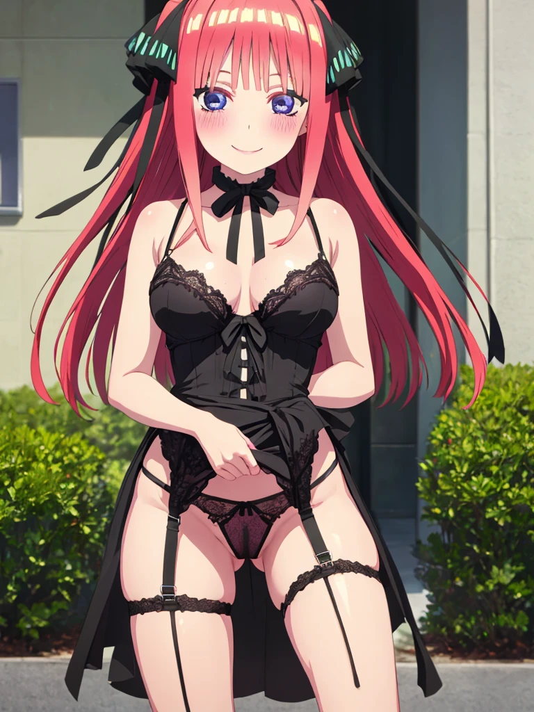 best quality, insanely detailed, nino nakano, breasts, blush, outdoor background, bare-shoulder, looking at viewer, garter strap, a black ribbon, stockings, pussy, smile, lingerie garterbelt, cheerful eye, spread leg