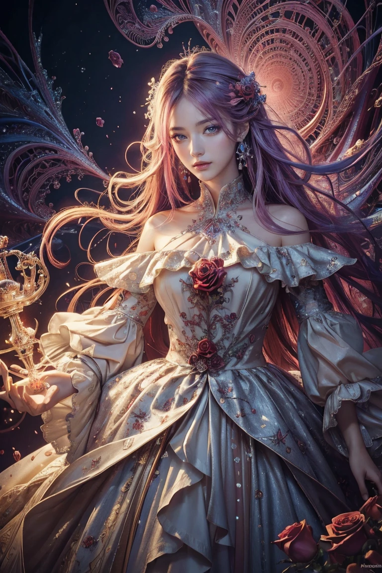 (masterpiece, Highest quality, Highest quality, Official Art, beautifully、beautiful:1.2), (One Man), extreme detailed,(Abstract, Fractal Art:1.3),Colorful Hair,highest detailed, detailed_eye, Rose,聖杯Lightning, Light_particle, Ghost