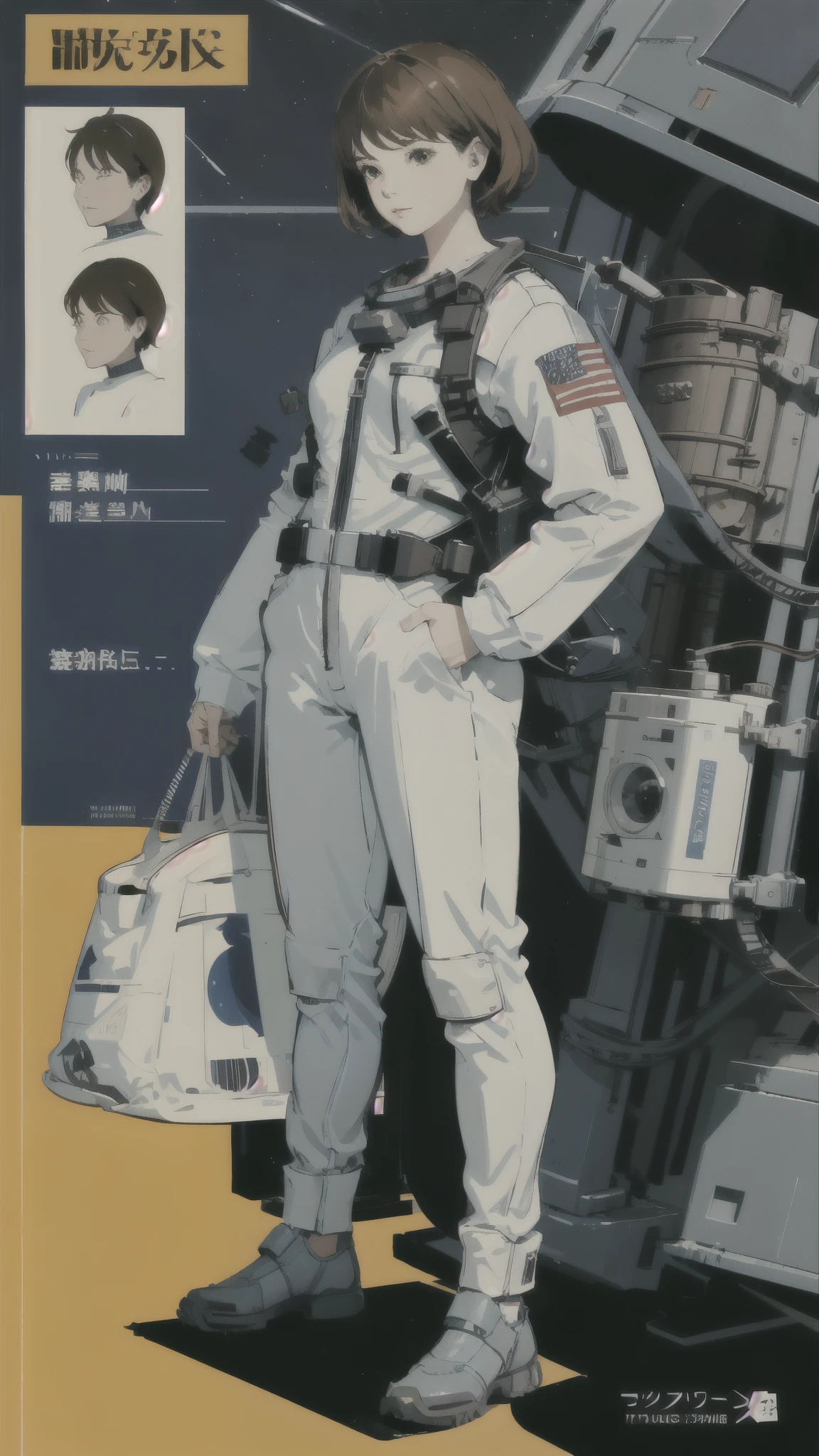 vintage sci-fi、militaryru、detailed、Spacesuit、masterpiece、Reference Art、Reference Sheet、Multiple Views、Reference Sheet、Model Sheet