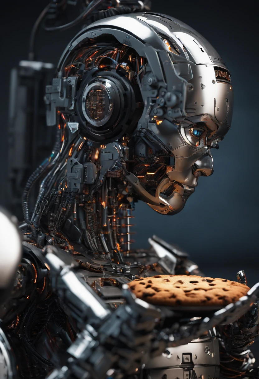 A robot holding a plump brown cookie in its hand; brown cookie in a robot's hand, an android holding a fat chocolate cookie in its hand; realisitic; 4K; ANDROID; professional photographer; best photographer in the world; android holding a brown cookie; Technological world; advanced technology;