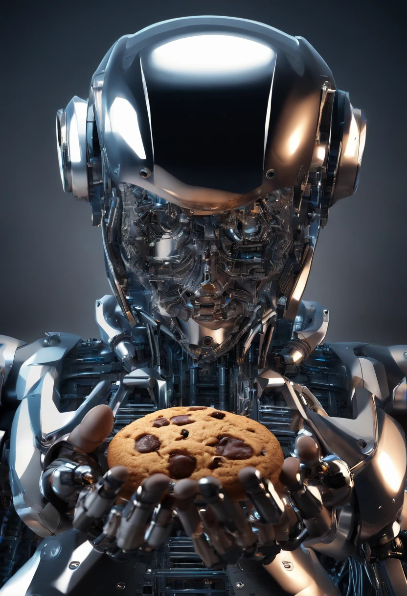 A robot holding a plump brown cookie in its hand; brown cookie in a robot&#39;s hand, an android holding a fat chocolate cookie in its hand; realisitic; 4K; ANDROID; professional photographer; best photographer in the world; android holding a brown cookie; Technological world; advanced technology; 