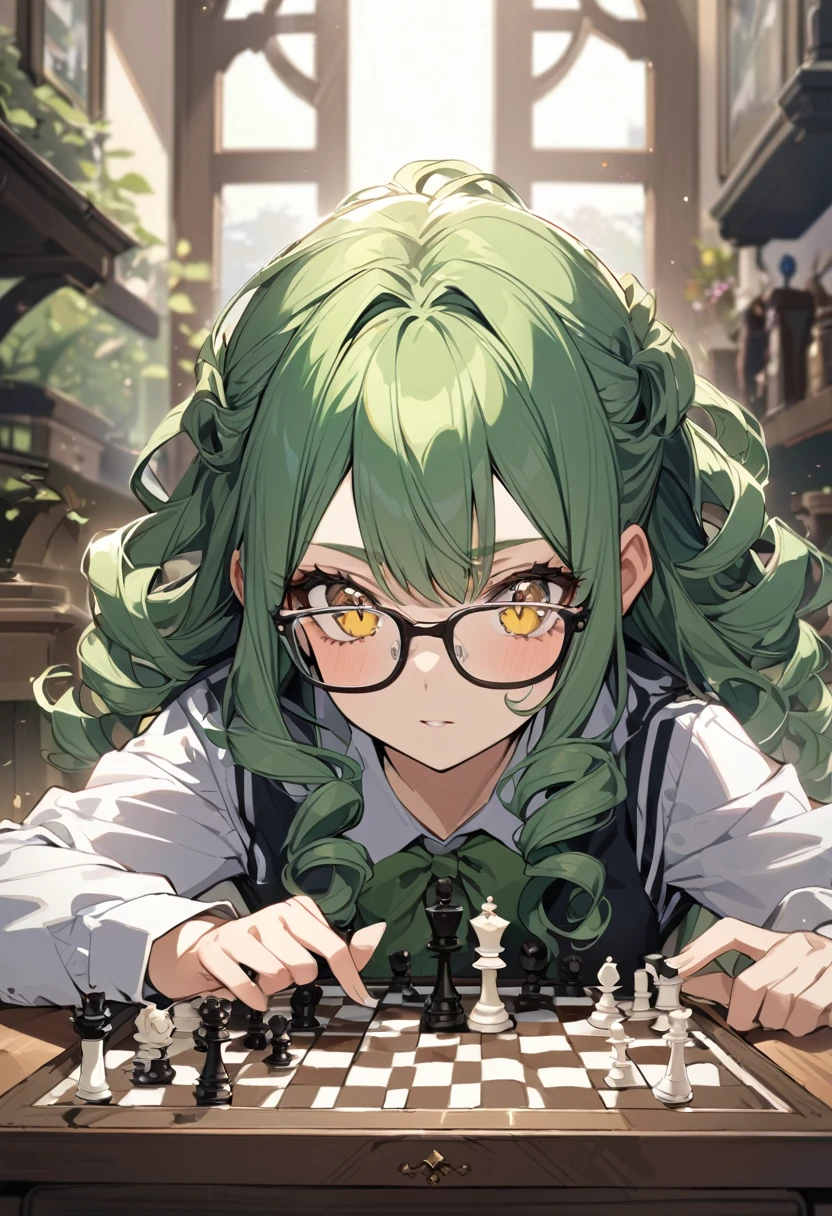 girl, yellow eyes, green hair, beautiful, high detail, beautiful background, playing chess, main face, front face, school girl, 30 year old, curly hair, glasses