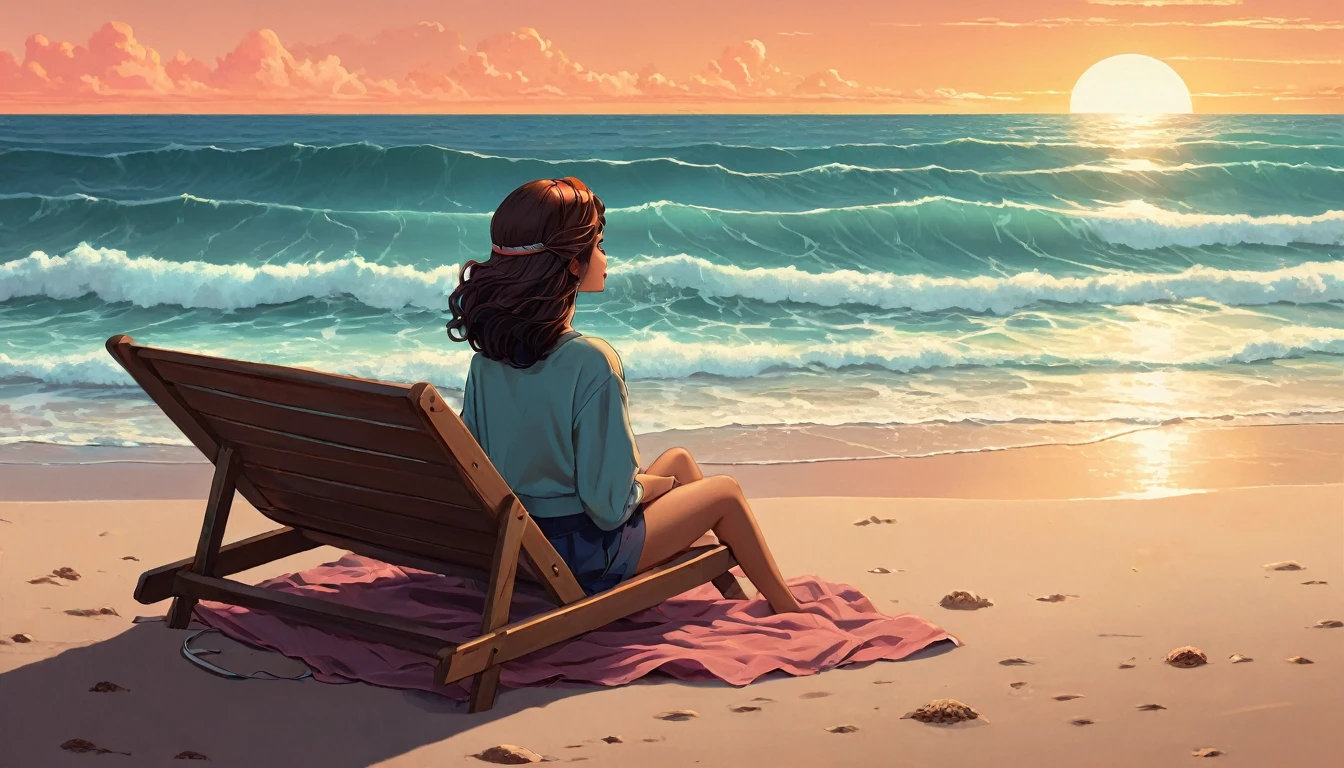 a woman sitting on the beach watching the waves, lofi artstyle, lofi art, chillhop, listening to godly music, lofi vibes, relaxing concept art, relaxing atmosphere, lofi girl, is relaxing on a beach, lofi vibe, serene illustration, it's is relaxing on a beach, inspired by Cyril Rolando, music album art