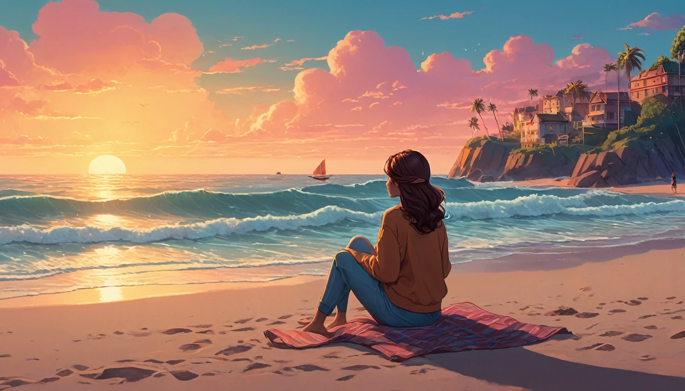 a woman sitting on the beach watching the waves, lofi artstyle, lofi art, chillhop, listening to godly music, lofi vibes, relaxing concept art, relaxing atmosphere, lofi girl, is relaxing on a beach, lofi vibe, serene illustration, it's is relaxing on a beach, inspired by Cyril Rolando, music album art