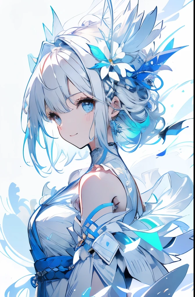 (white background:1.4),(white dirt road, oriental elements)，(nature illustration spring:1.3，paper art:1.3, キルティングpaper art:1.2),( reasonable design, clear lines, High sharpness,highest quality, very detailed, table top, movie lighting effects, 4k )、(light blue dress:1.2)、light blue dress、light blue clothes、shoulder light blue dress、light blue dress with cute design、Wind、With background、White feathers fly off、very white hair、length、light blue theme, slight smile、best smile、facing the front、girl in front